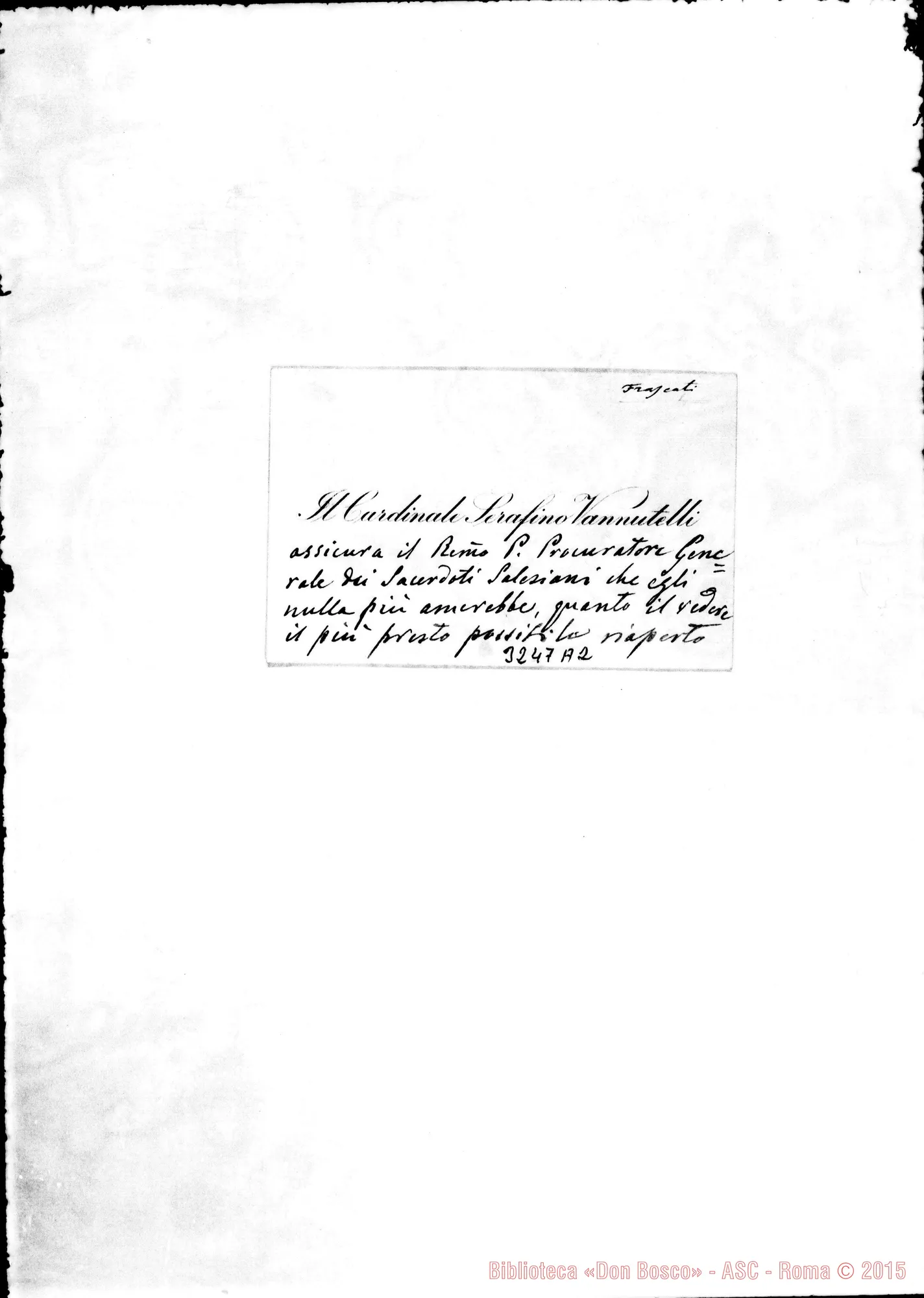 Fotogramma A 2 — Frascati-Villa Sora: Card. Serafino Vannutelli-Don C. Cagliero. Roma, 18-03-1895