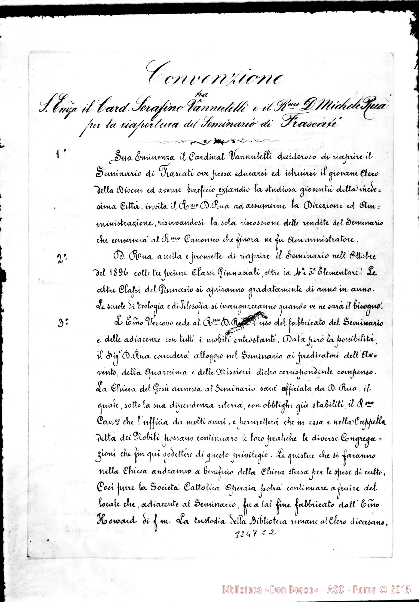 Fotogramma C 2 — Convenzione con firma autogr. del card. Vannutelli E Don Rua. 1896