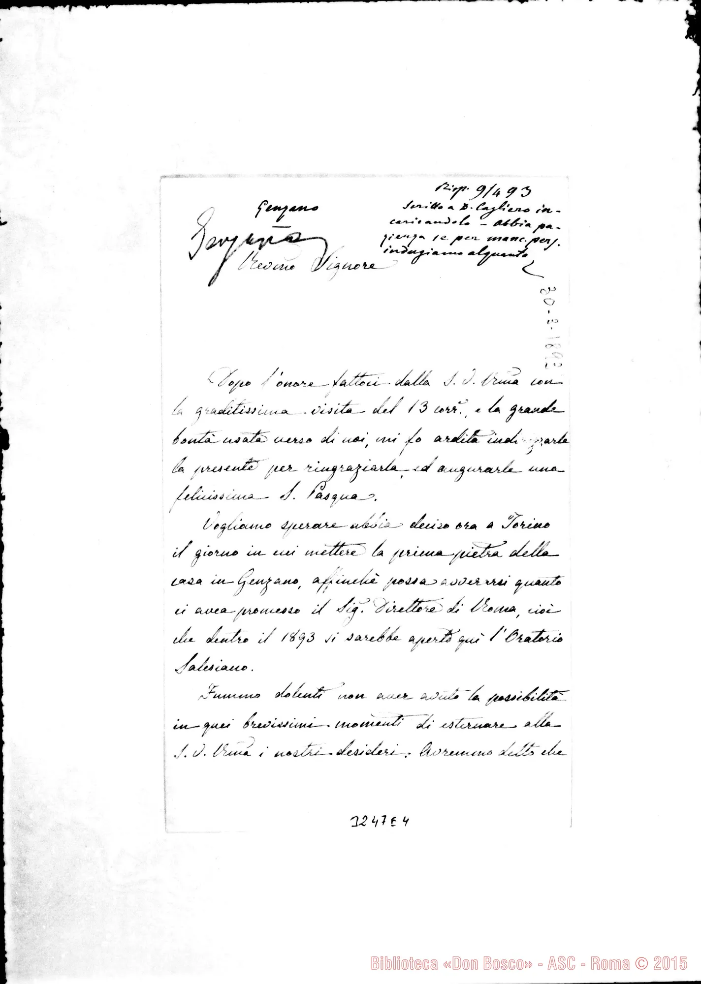 Fotogramma E 4 — Genzano: Elisa Pagliaroli-Rev.mo Sig. Genzano, 30-03-1893