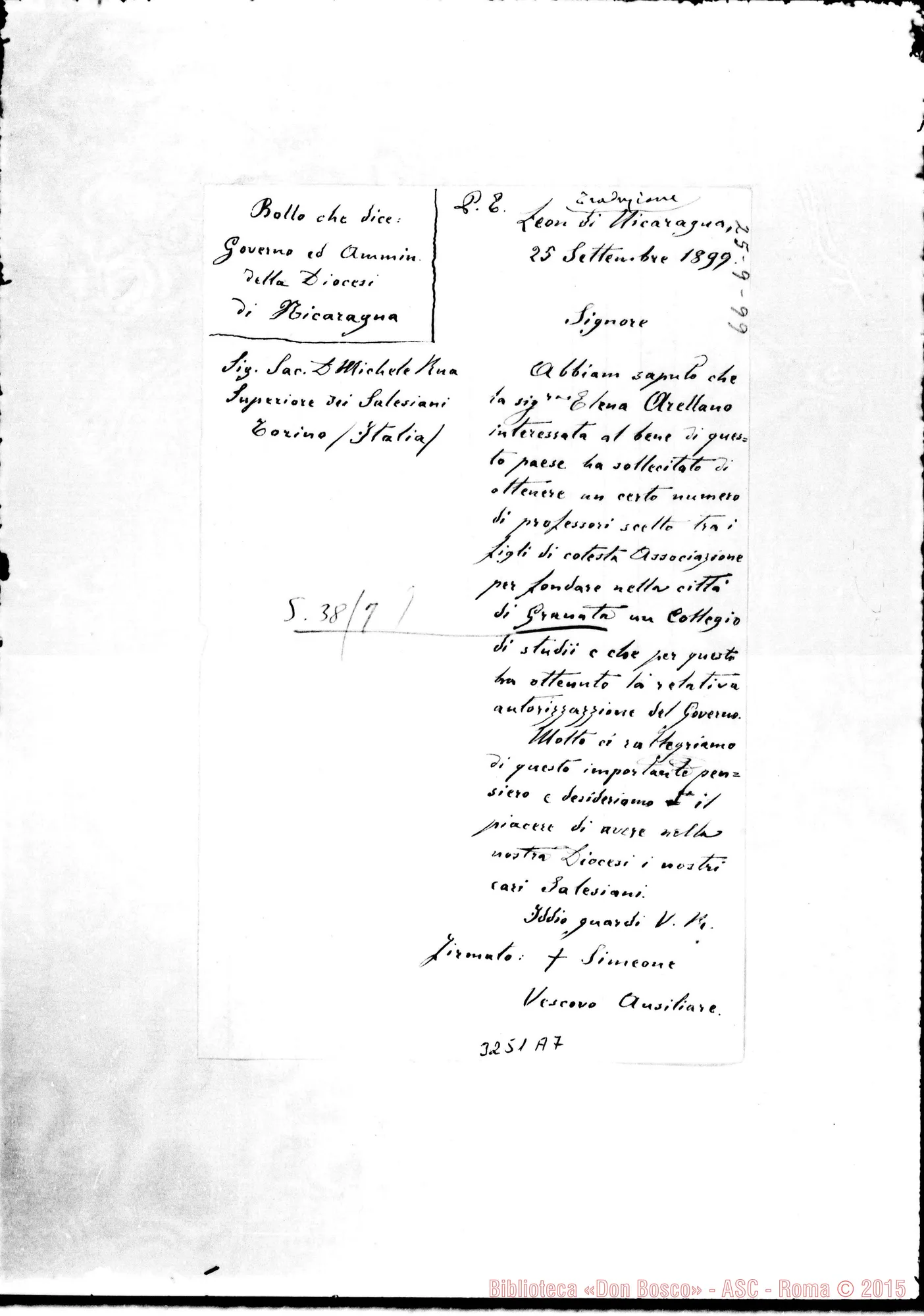 Fotogramma A 7 — Simeone Pereira, vesc. ausil. di Nicaragua-Don Rua. Leon, 25-09-1899