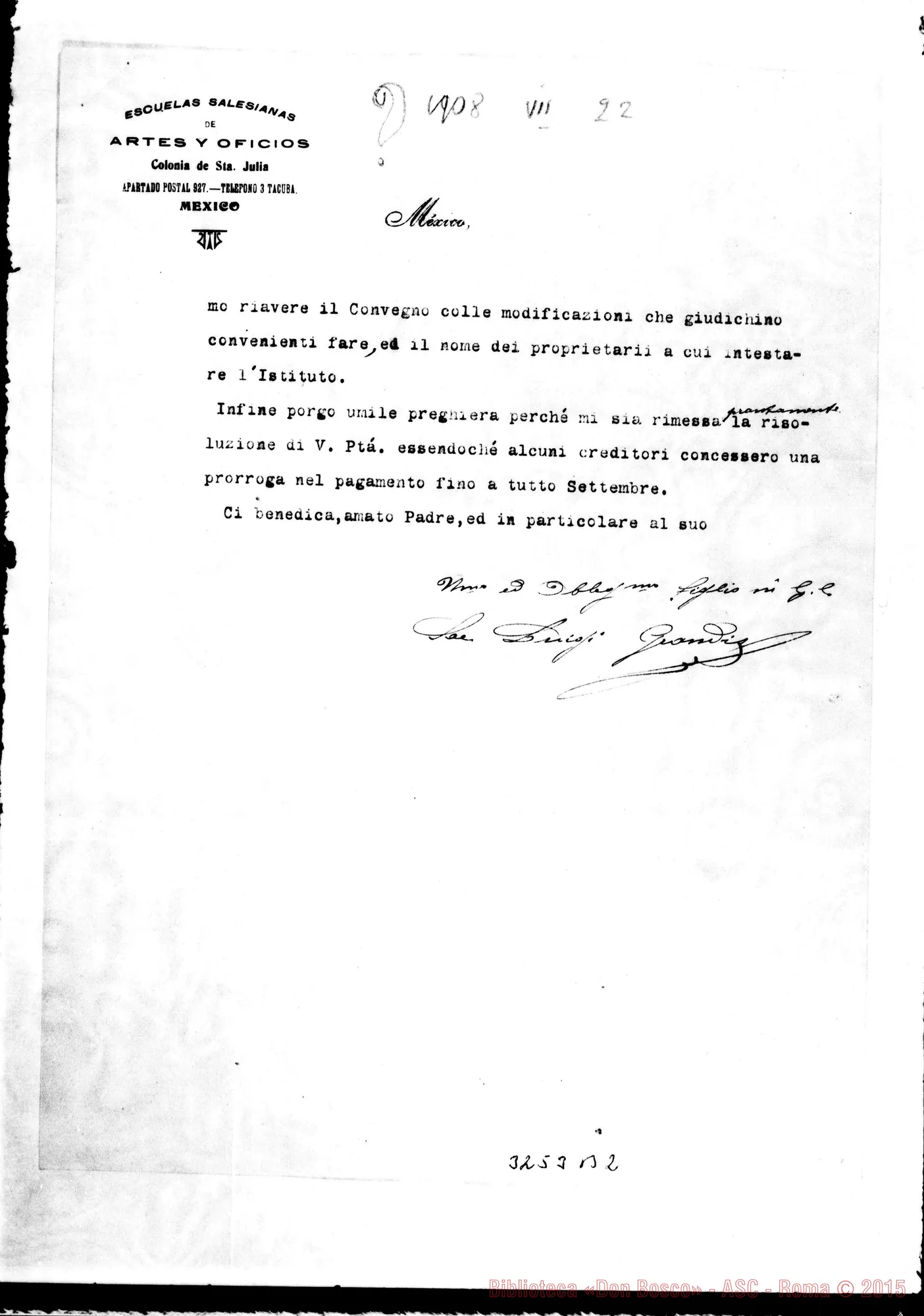 Fotogramma B 2 — Convenio con Don Manuel Azpeitia Palomar y Don Grandis. Guadalajara, 22-07-1908. Segue lett. di D. Grandis-senza intestazione.