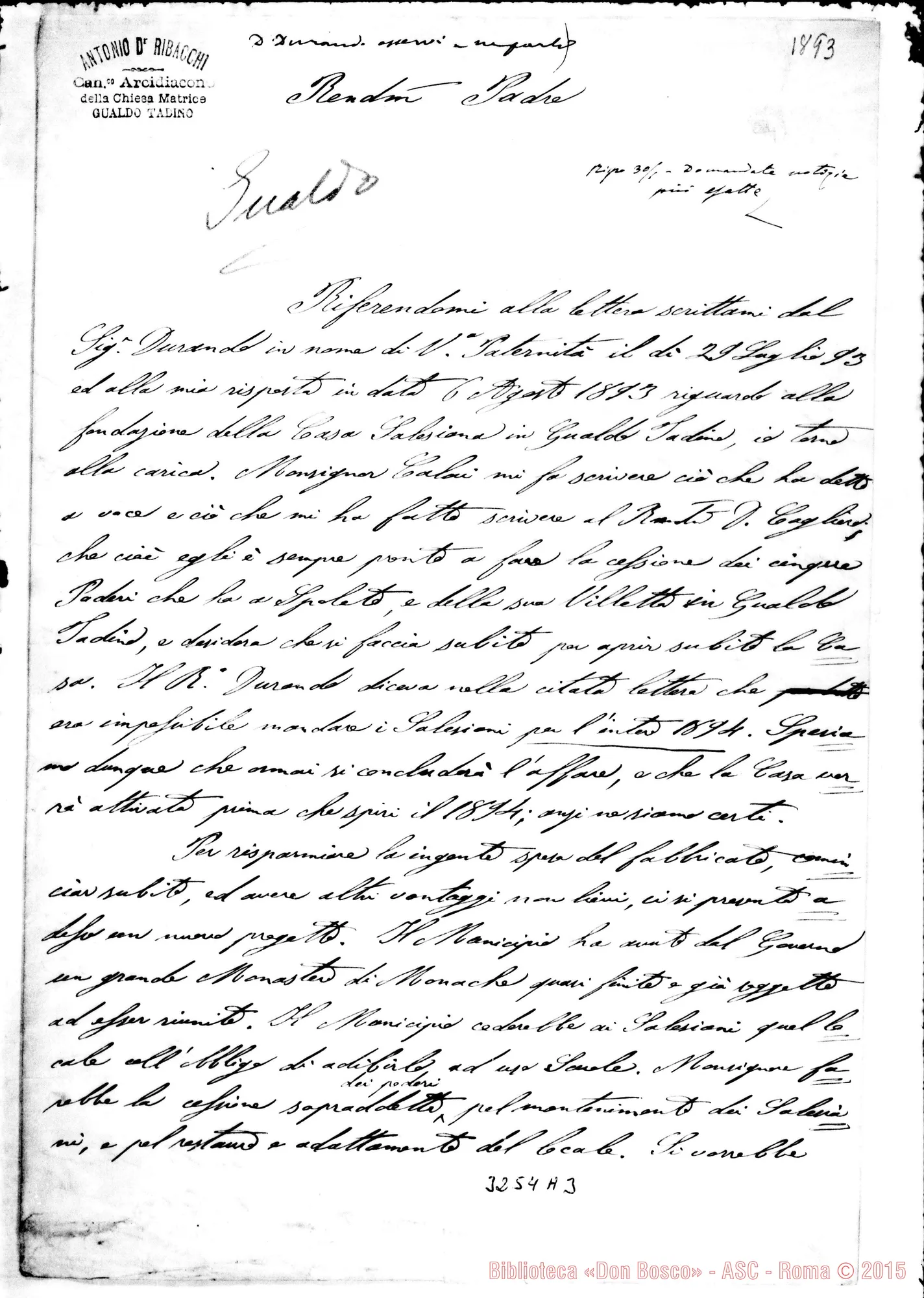 Fotogramma A 3 — Don Ribacchi-Rev.do Padre. Gualdo T., senza data Autogr. Rua