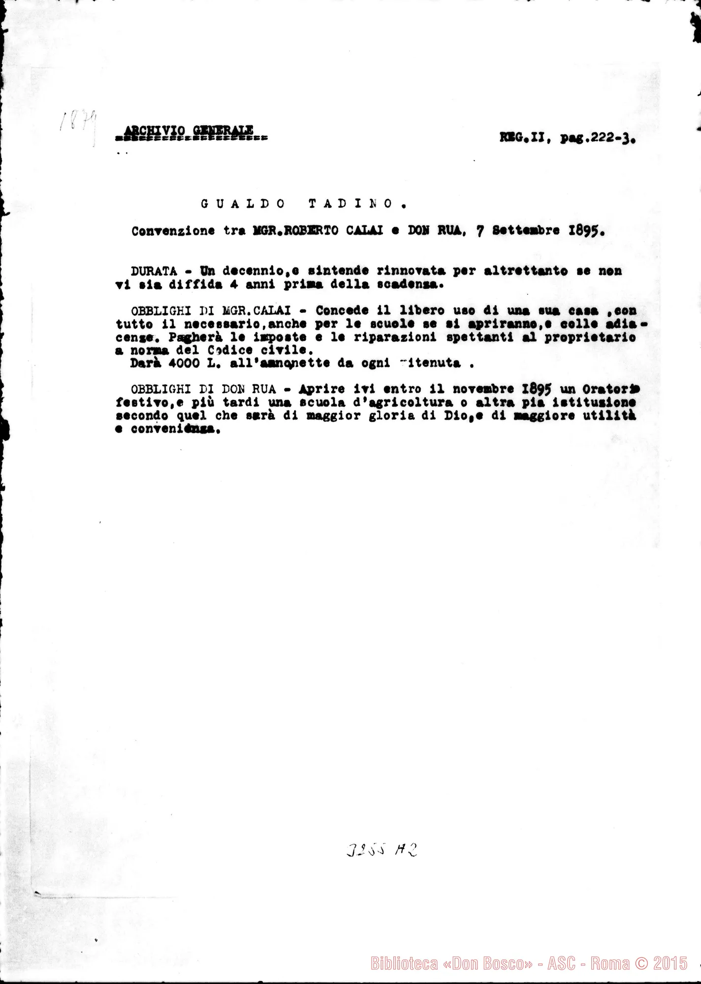 Fotogramma A 2 — Convenzione tra Don Roberto Calai E Don Rua, il 7-09-1895