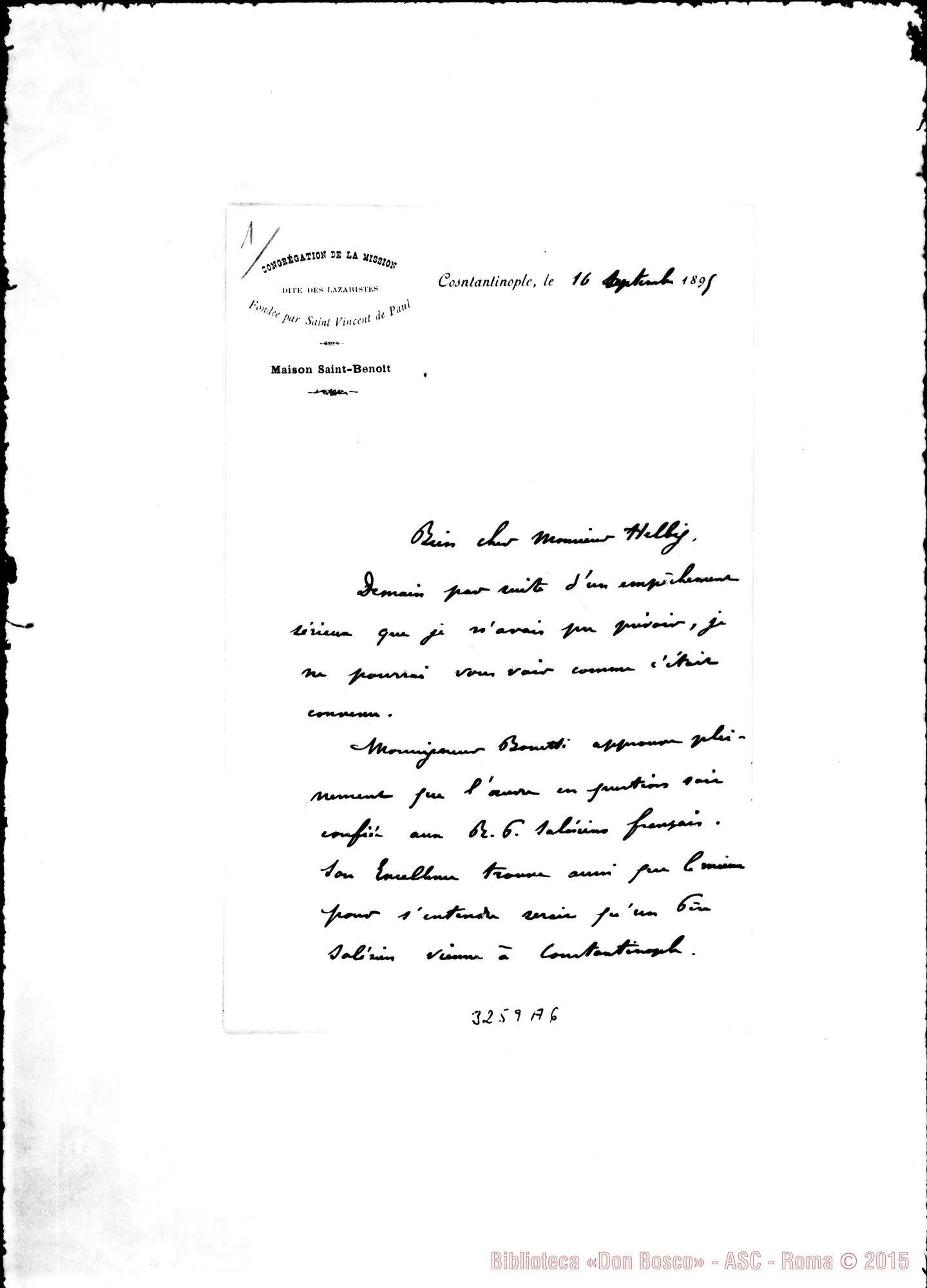 Fotogramma A 6 — Lobry, Pref. Apost.-Monsieur Helbig. Costantinopoli, 10-09-1895