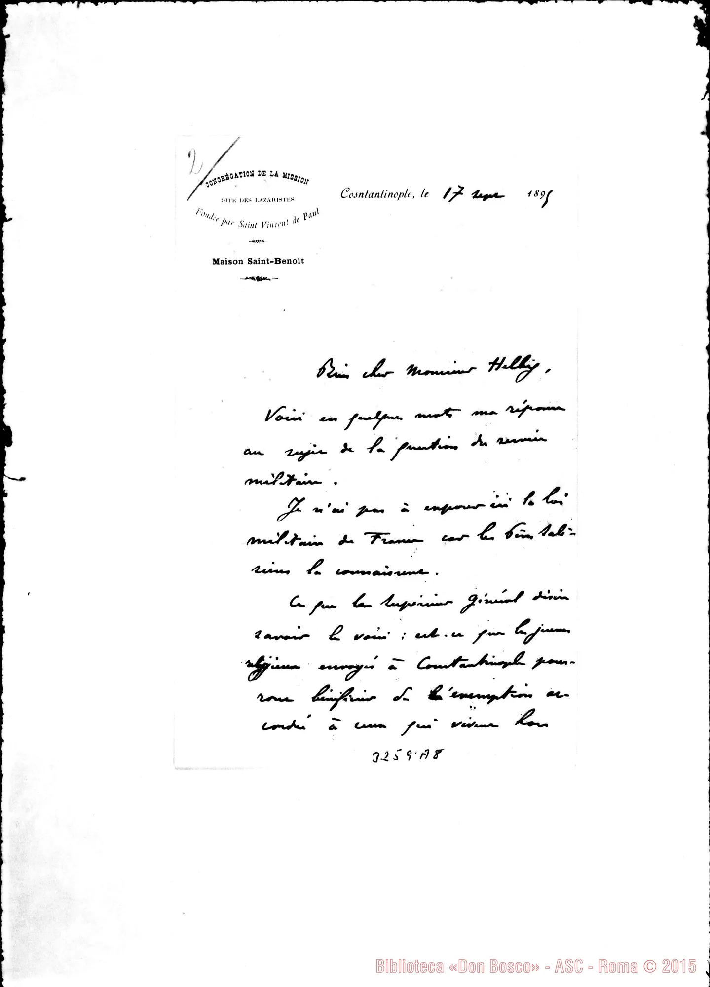 Fotogramma A 8 — Lobry, Pref. Apost.-Monsieur Helbig. Costantinopoli, 17-09-1895