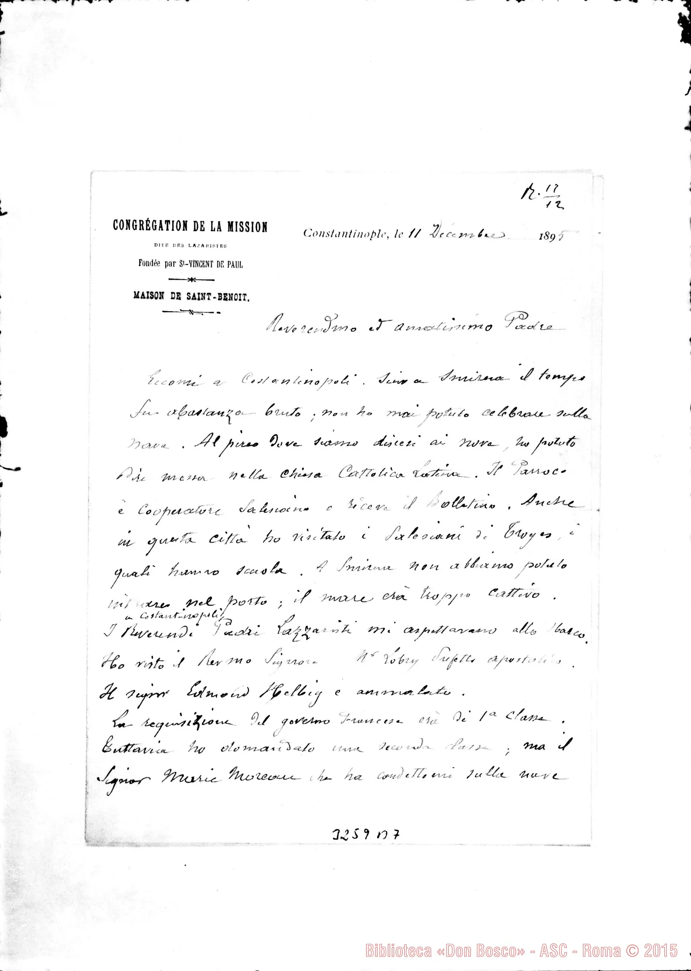 Fotogramma B 7 — Neple, dei Lazzaristi-Amatissimo Padre. Costantinopoli, 11-12-1895
