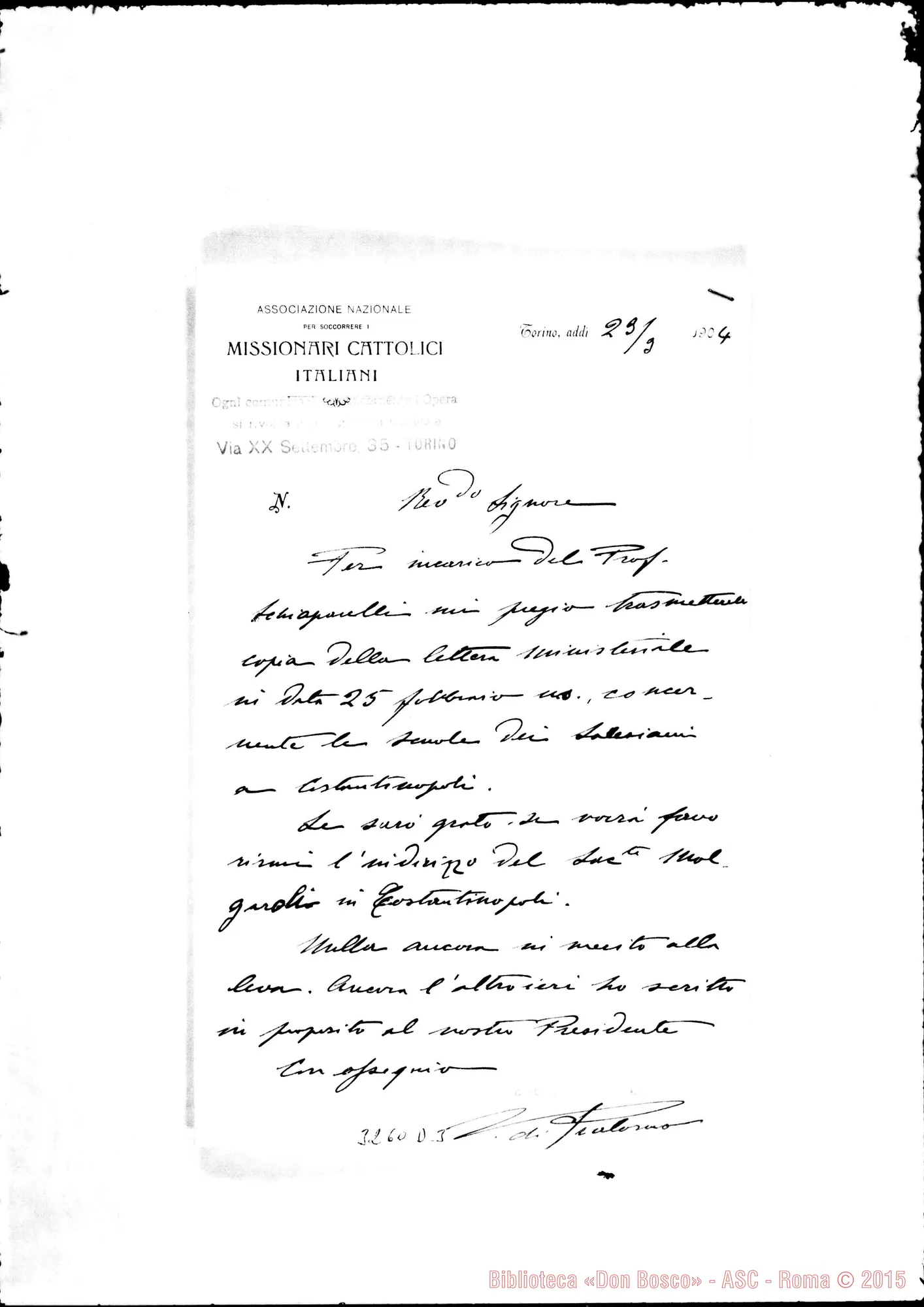 Fotogramma D 3 — Associazione di soccorso ai Missionari-Rev.do Sig. Torino, 23-03-1904