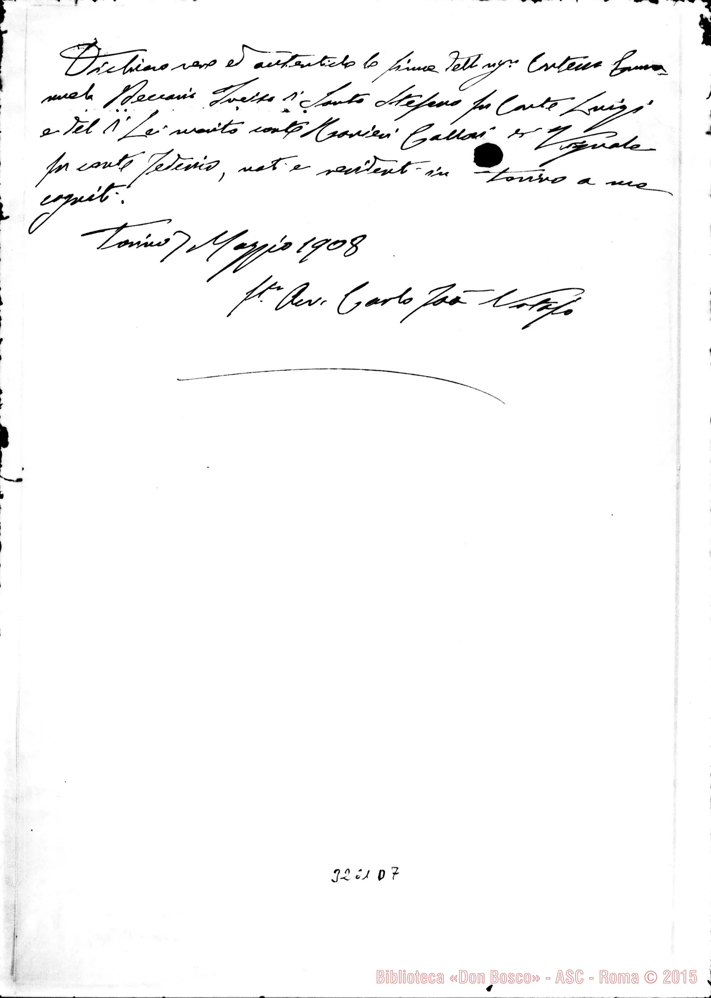 Fotogramma D 7 — Carlo Faà di Bruno, notaio: sottoscrizione. Torino, maggio 1908