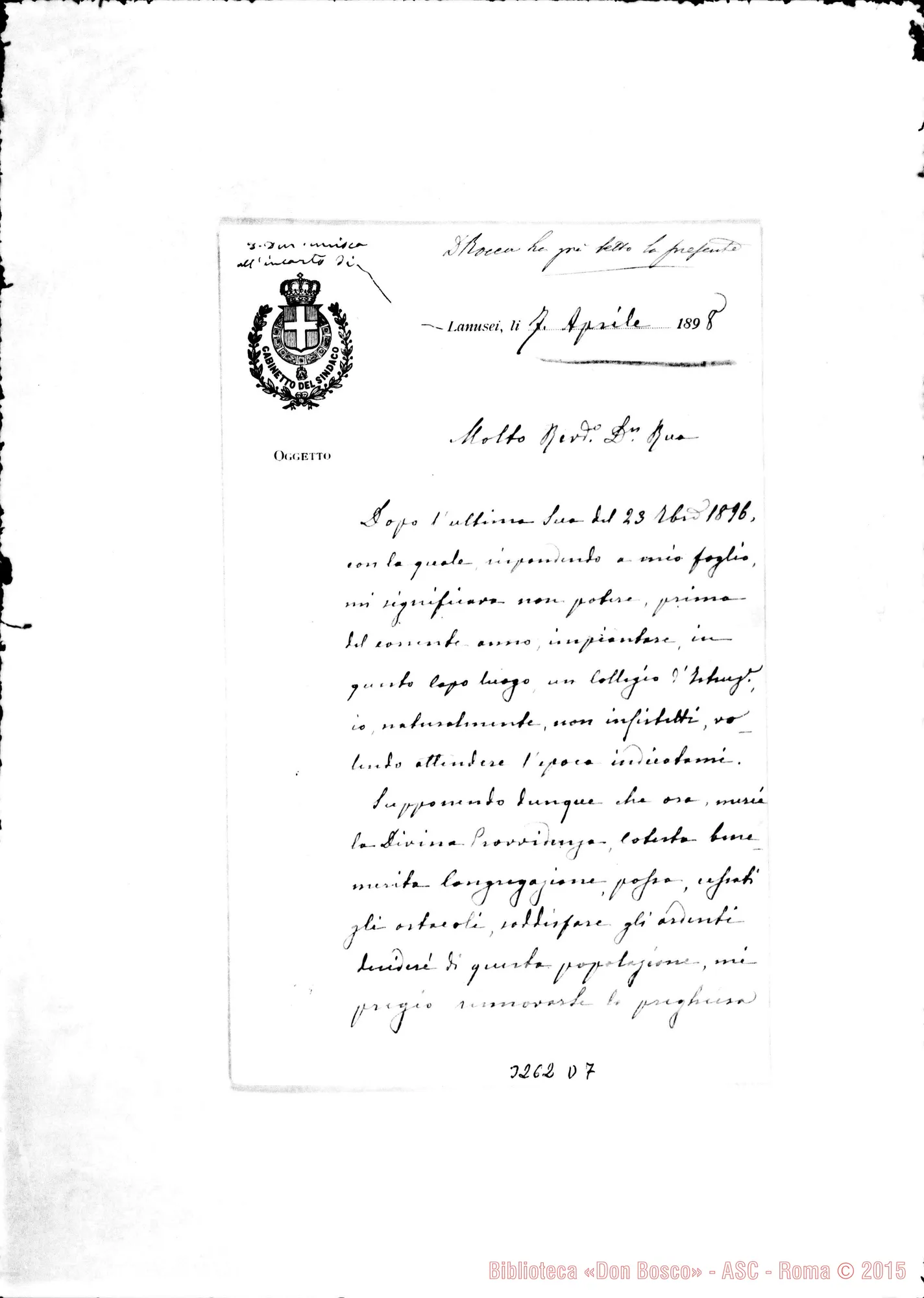 Fotogramma D 7 — Avv. Luigi Mameli, sindaco-Don Rua. Lanusei, 7-04-1898 Autogr. Rua