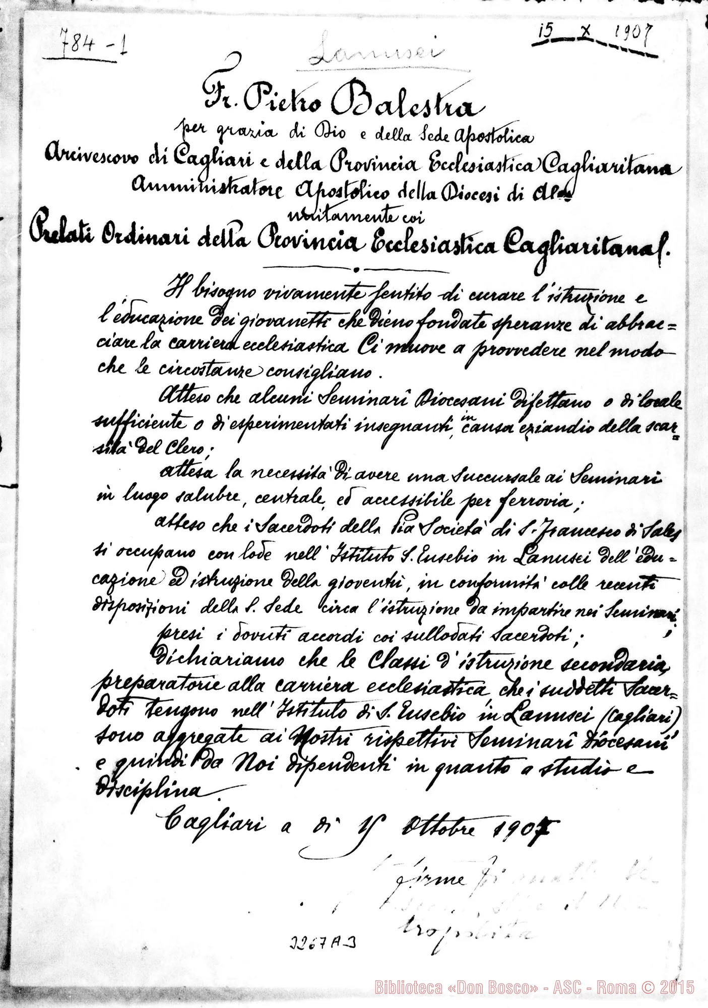 Fotogramma A 3 — Arciv. di Cagliari, Fr. Pietro Balestra: Dichiarazione. Ott. 1907