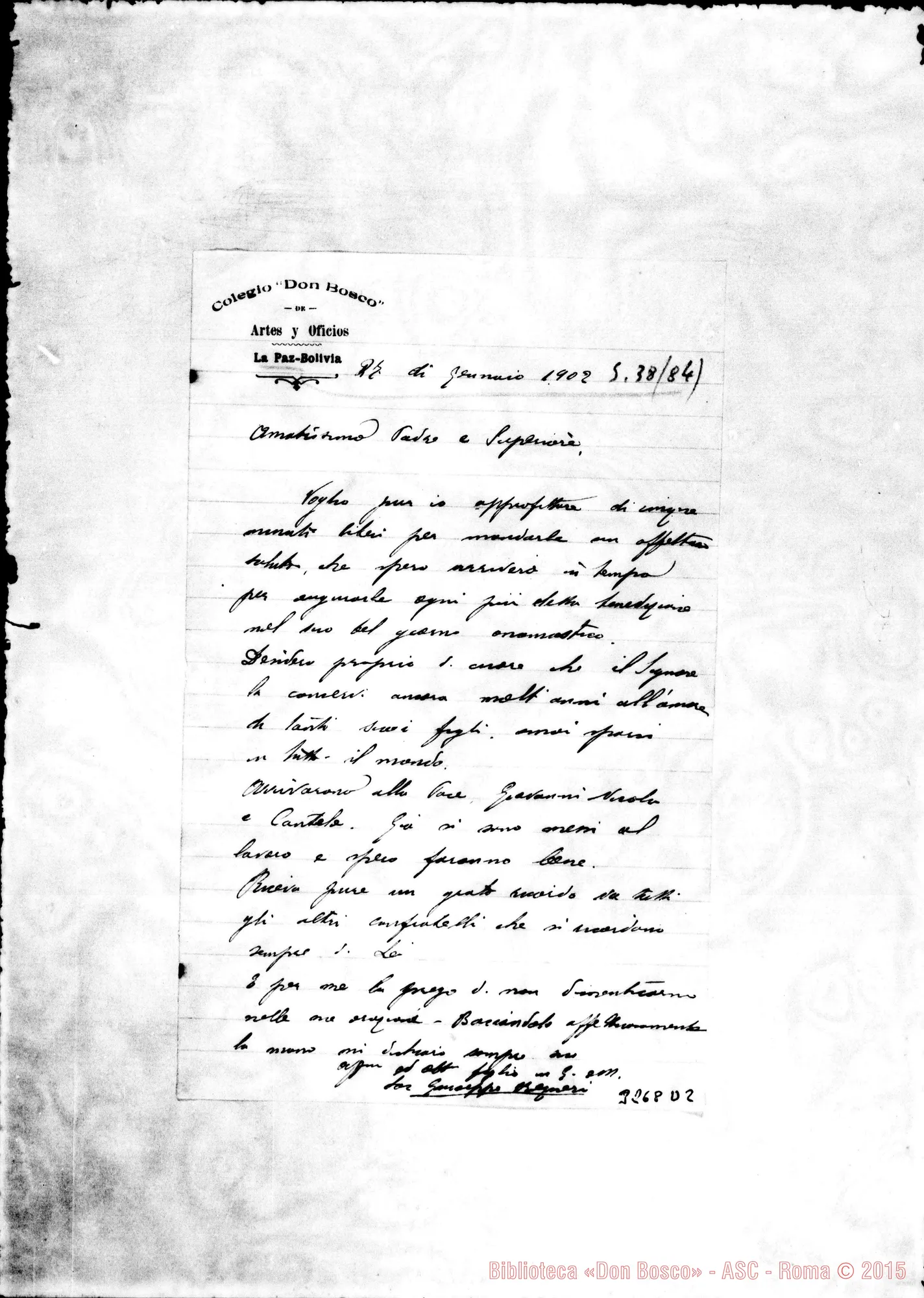 Fotogramma D 2 — Don Rayneri Giuseppe-Amatissimo Padre Superiore. La Paz, 27-01-1902