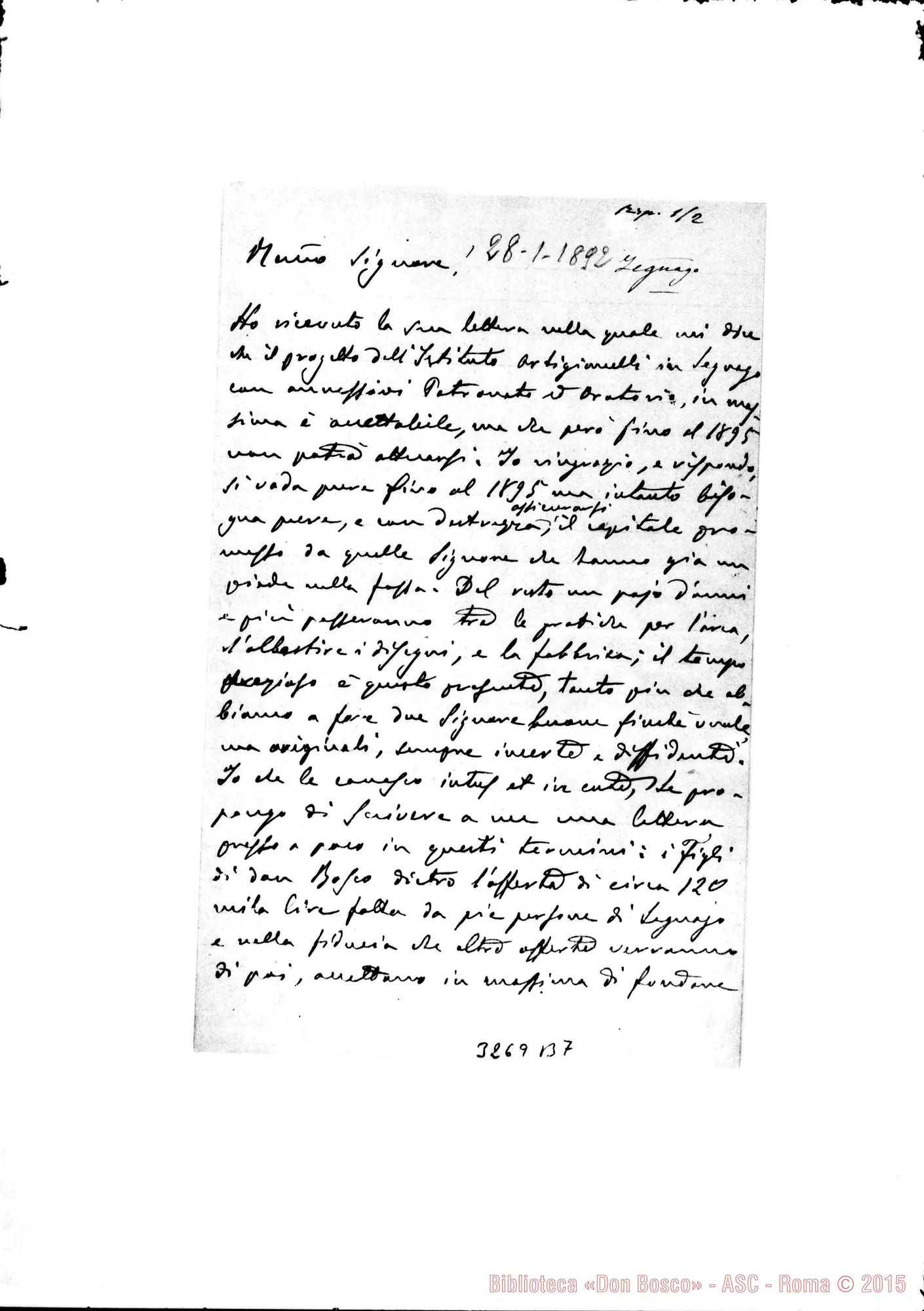 Fotogramma B 7 — Don Davide Demassari, arcip.-Rev.mo Sig. Legnago, 28-01-1892