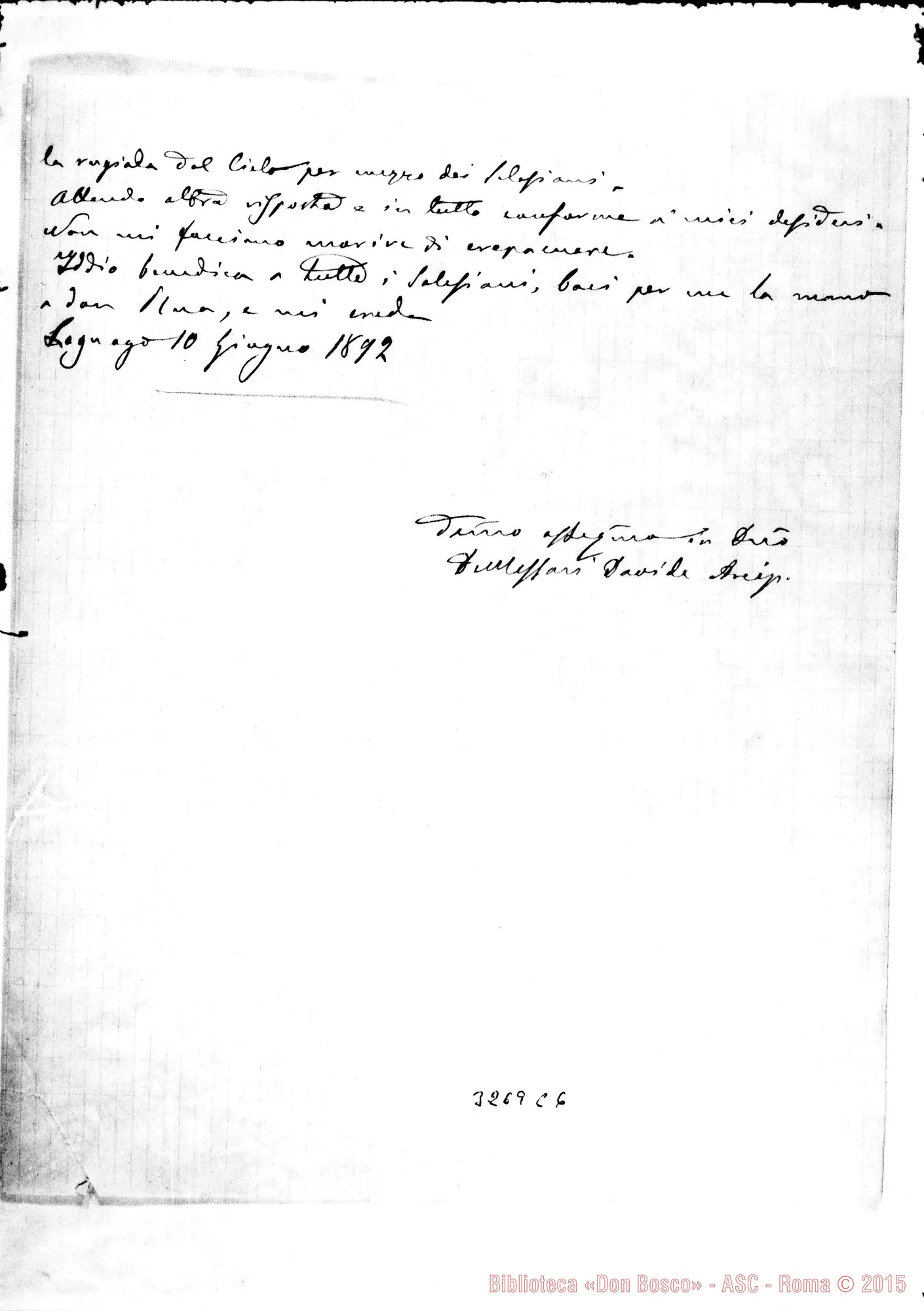 Fotogramma C 6 — Don Davide Demassari-Rev.mo Sig. Legnago, 10-06-1892