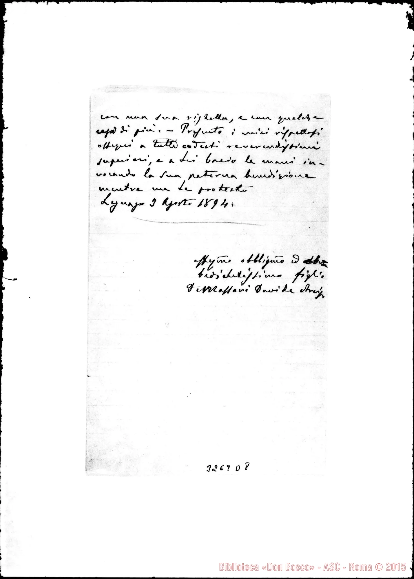 Fotogramma D 8 — Don Davide Demassari-Rev.mo Padre. Legnago, 3-08-1894 Autogr. Rua