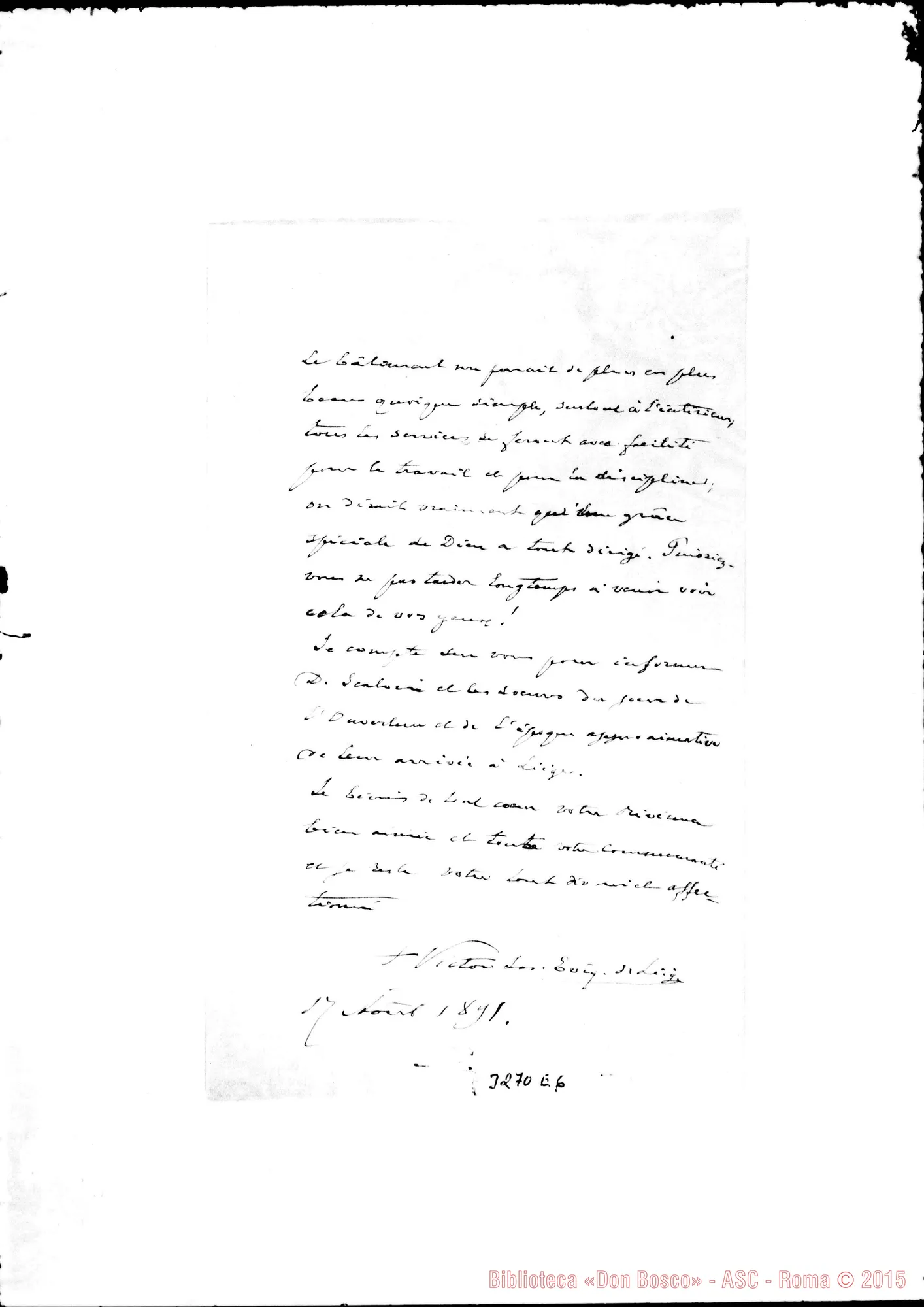 Fotogramma E 6 — Vittore G. Doutreloux, vesc.-Don Rua. Liège, 17-08-1891 Autogr. Rua