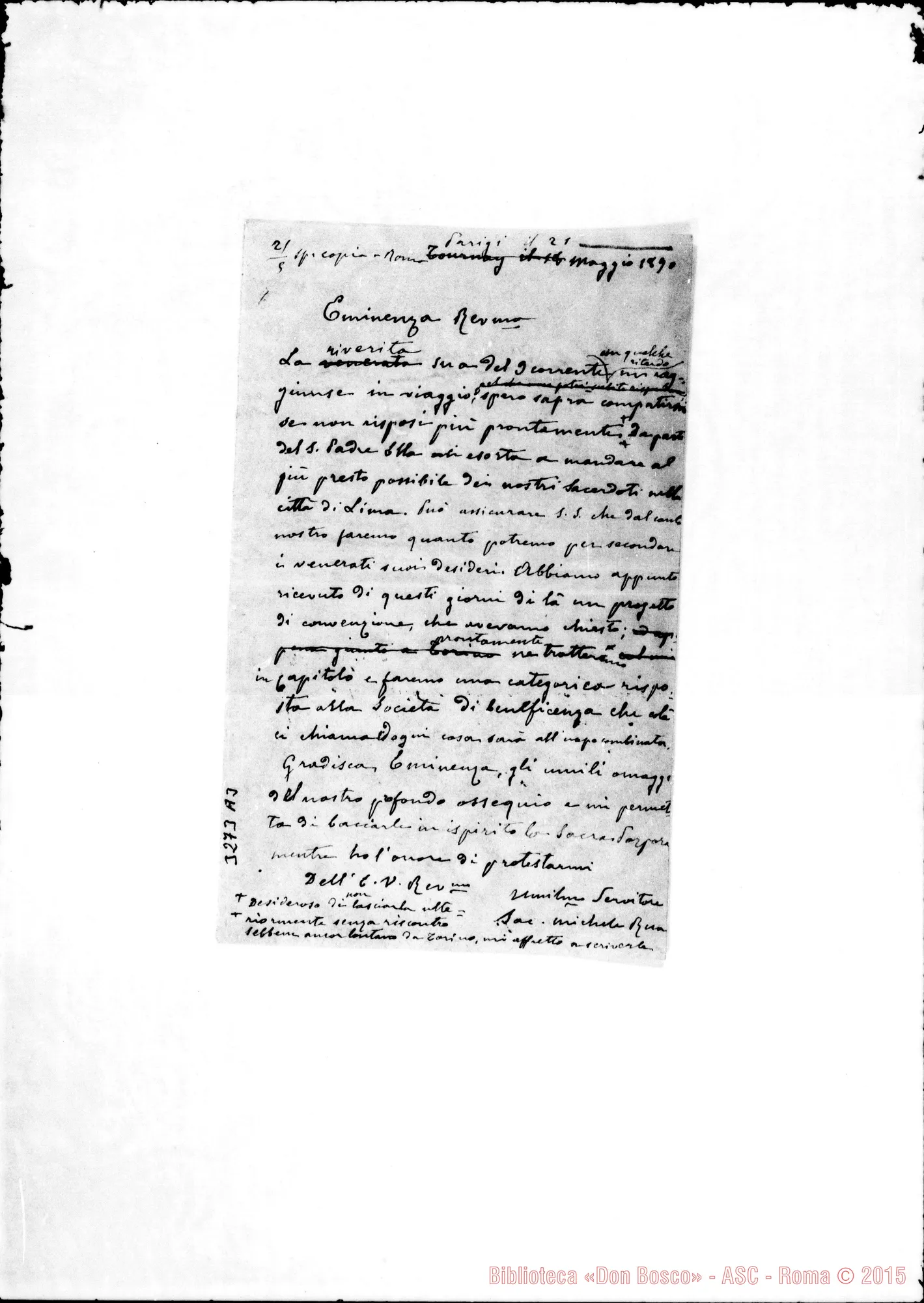 Fotogramma A 3 — Card. Rampolla-Don Rua. Roma, 9-05-1890. All. minuta di risposta ms.autogr. Rua. Parigi, 21-05-1890