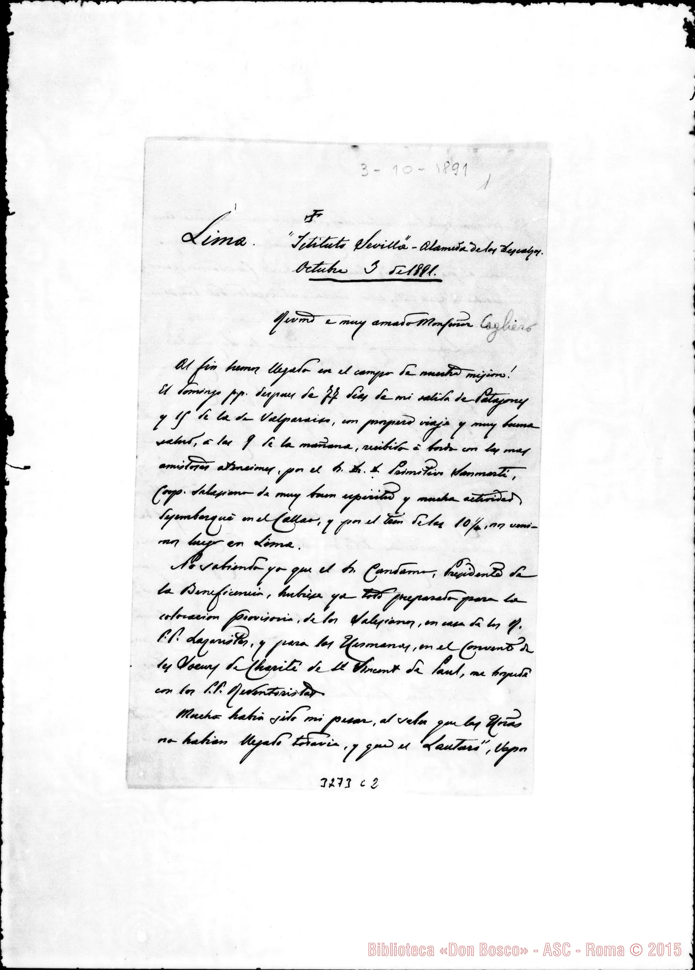 Fotogramma C 2 — Don Antonio Riccardi-Mons. Cagliero. Lima, 3-10-1891