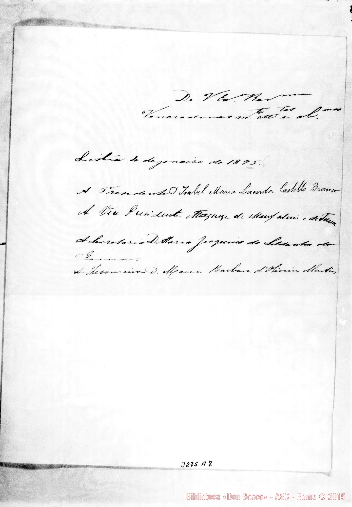 Fotogramma A 7 — Isabel Maria Lacerda-Rev.do Sig. Lisboa, 4-01-1895