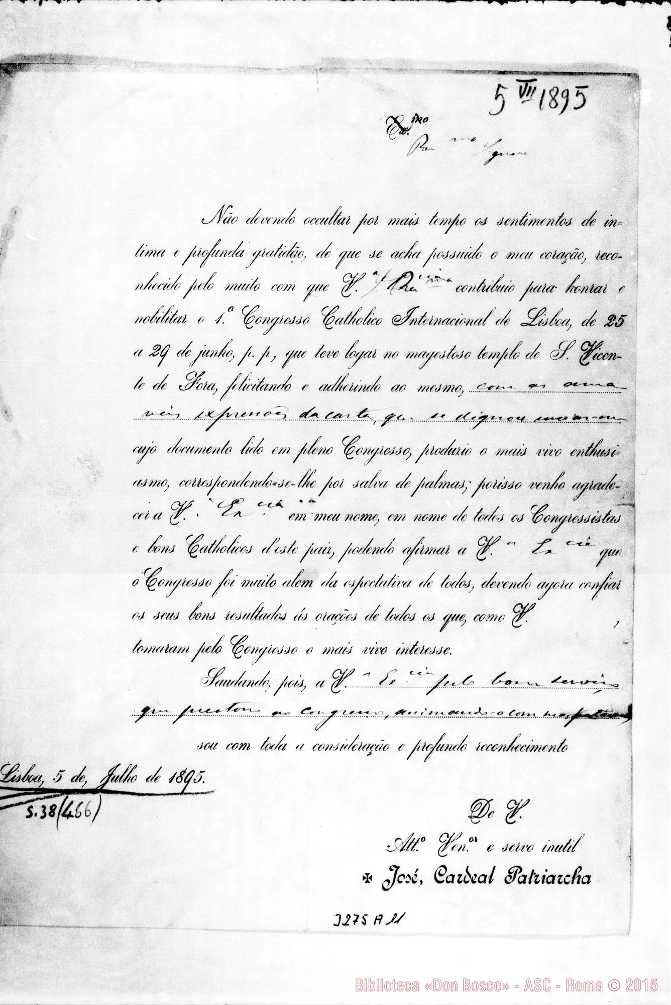 Fotogramma A 11 — José Sebastiano Neto, Card. Patr. di Lisbona-Rev.do Sig. Lug. 1895