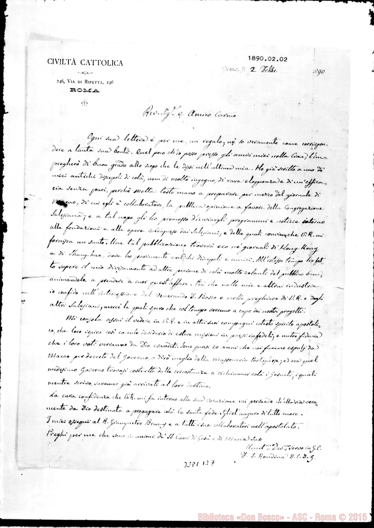 Fotogramma B 7 — Don Rondina, S.J.-Don Conelli. Roma, 2-02-1890