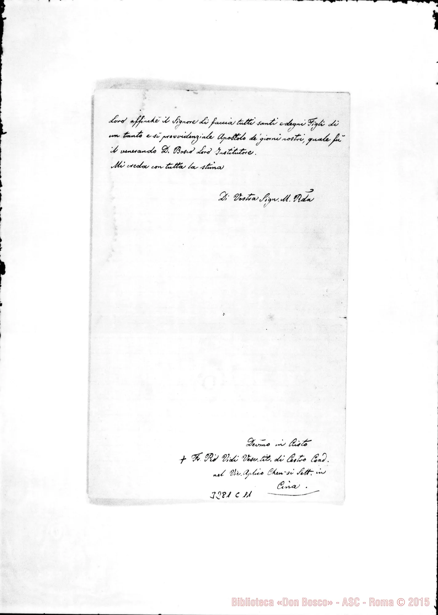 Fotogramma C 11 — Fr. Pio Vidi, vesc. di Cestro-Rev.do Sig. Verona, 17-11-1890