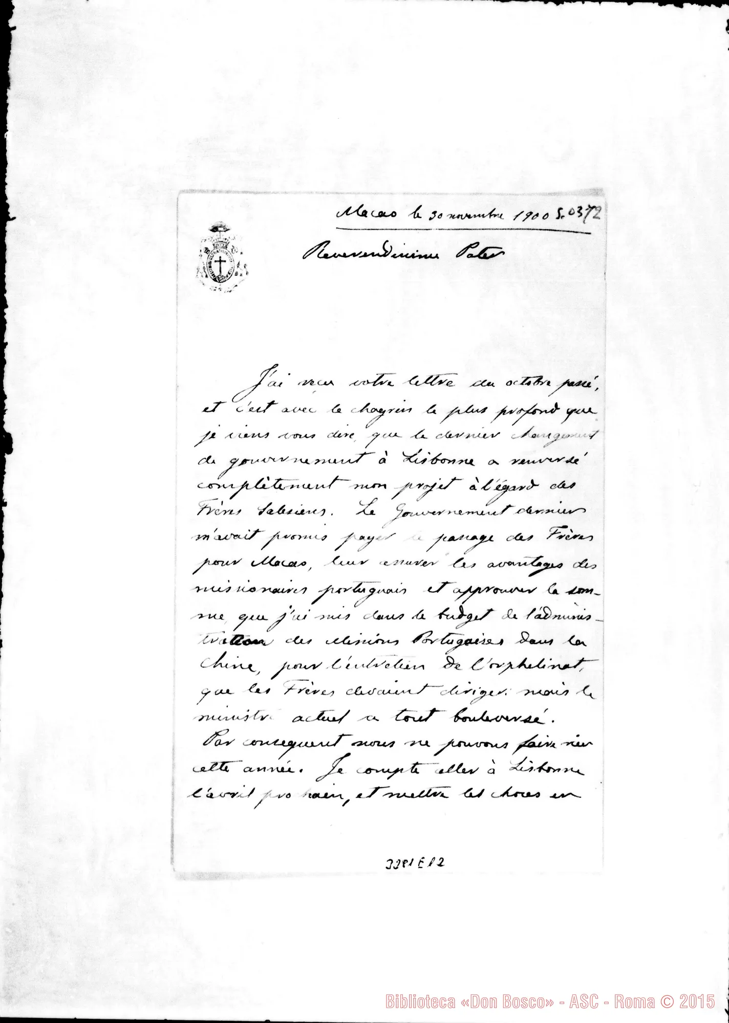 Fotogramma E 12 — Giuseppe de Carvalho, vesc.-Rev.mo Padre. Macao, 30-11-1900