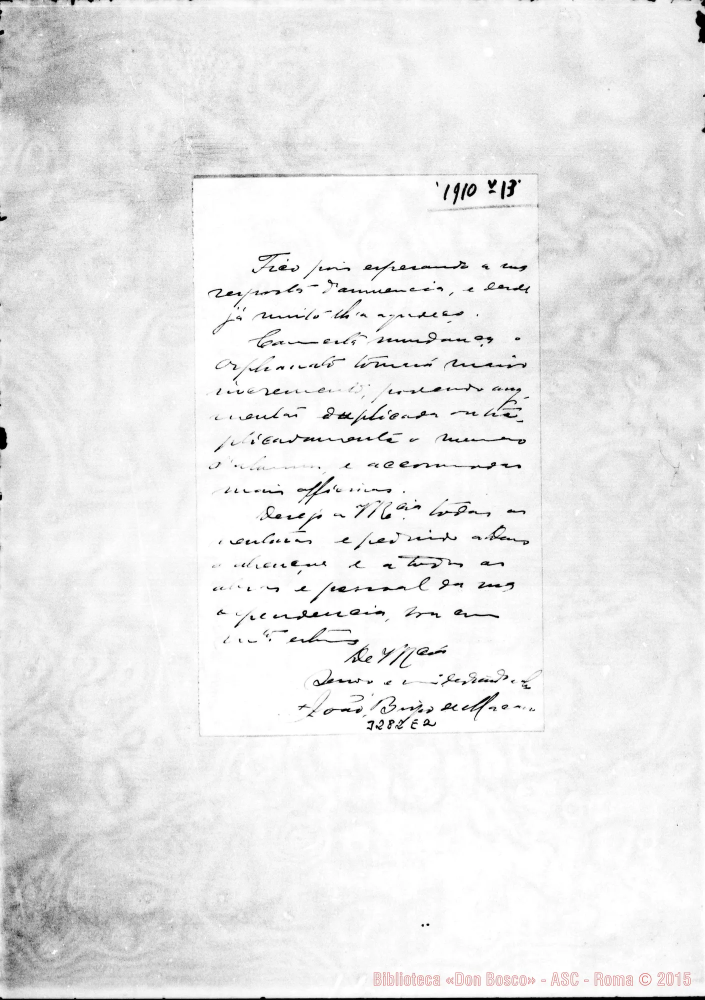 Fotogramma E 2 — Giov. P. de Azevedo, vesc.-Rev.mo Amico. Macao, 13-05-1910