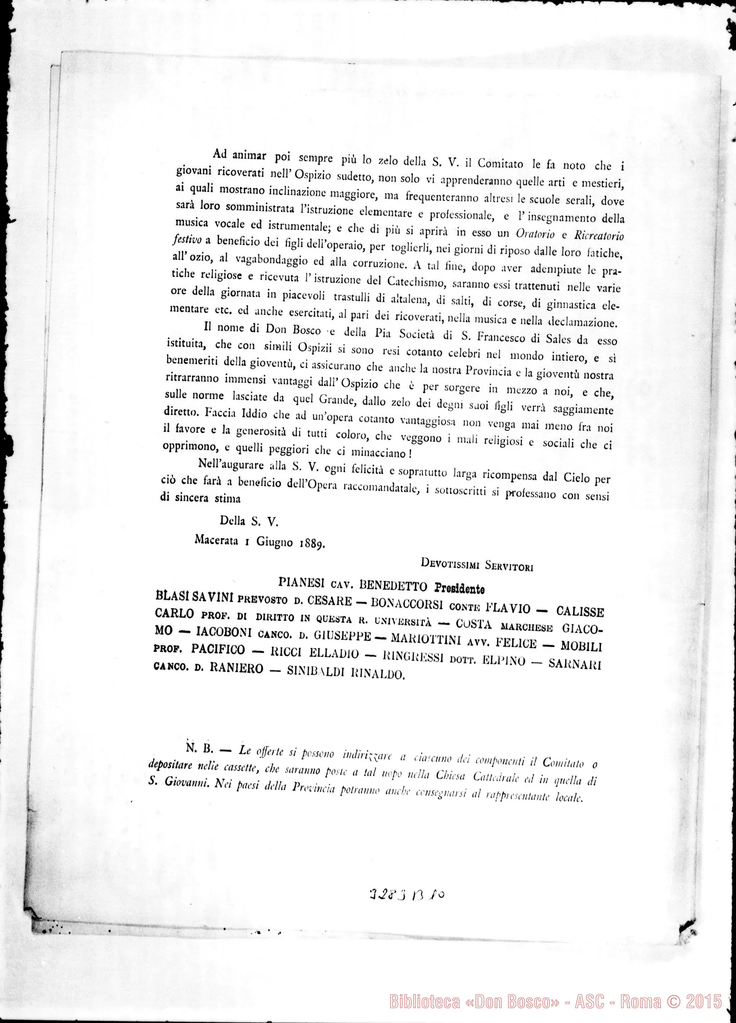 Fotogramma B 10 — Comitato di Macerata: circolare stampata FI-06-1889 Autogr. Rua