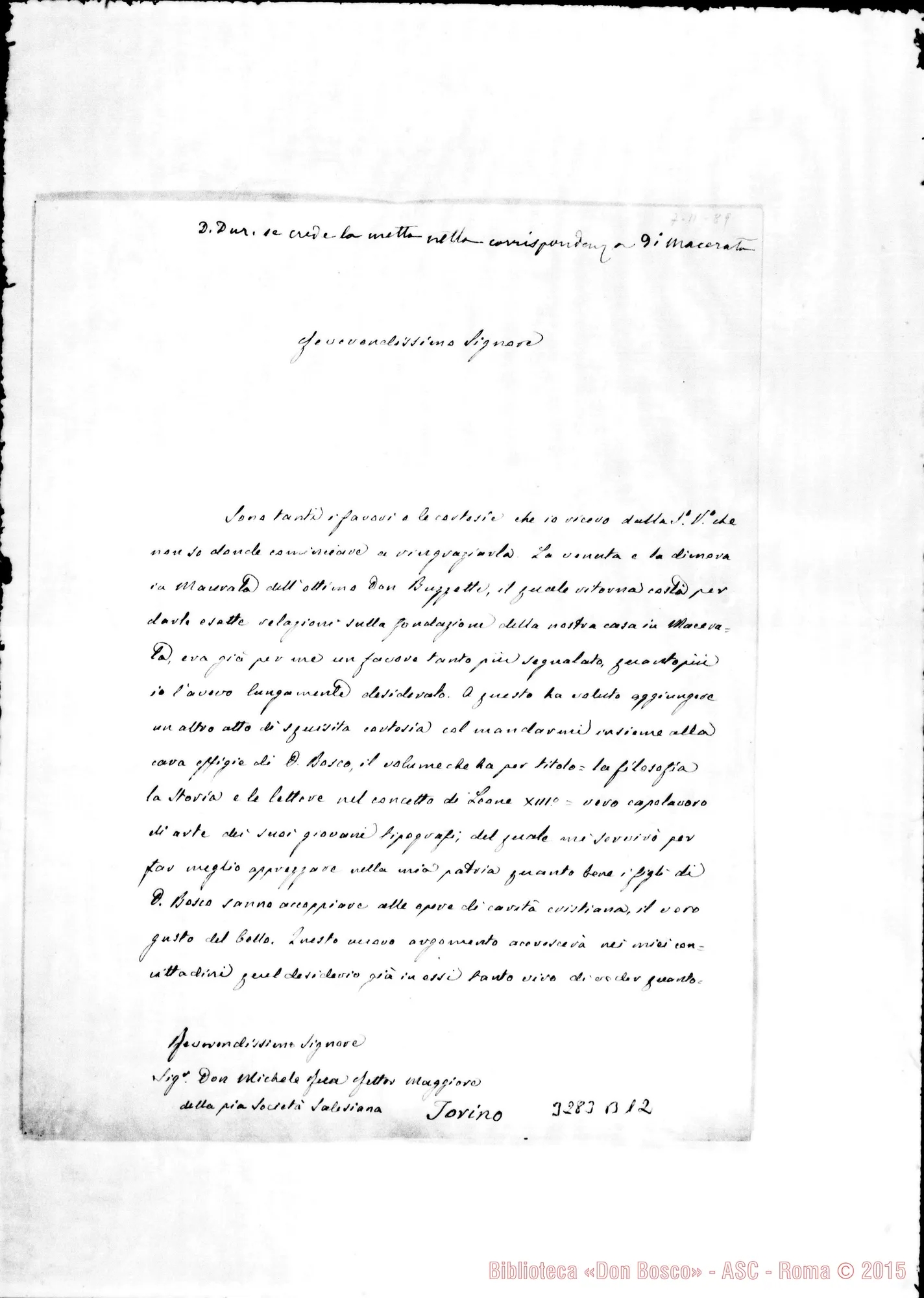 Fotogramma B 12 — Can. Don Sarnari Raniero-Don Rua. Macerata, 7-01-1889 Autogr. Rua