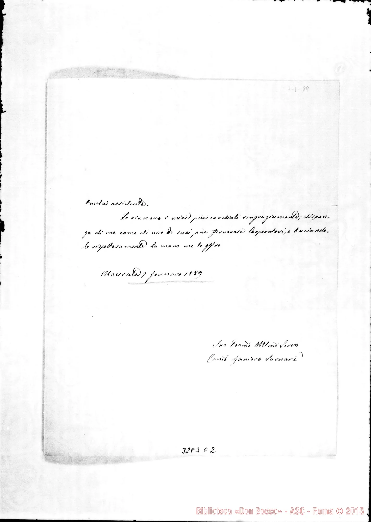 Fotogramma C 2 — Can. Don Sarnari Raniero-Don Rua. Macerata, 7-01-1889 Autogr. Rua