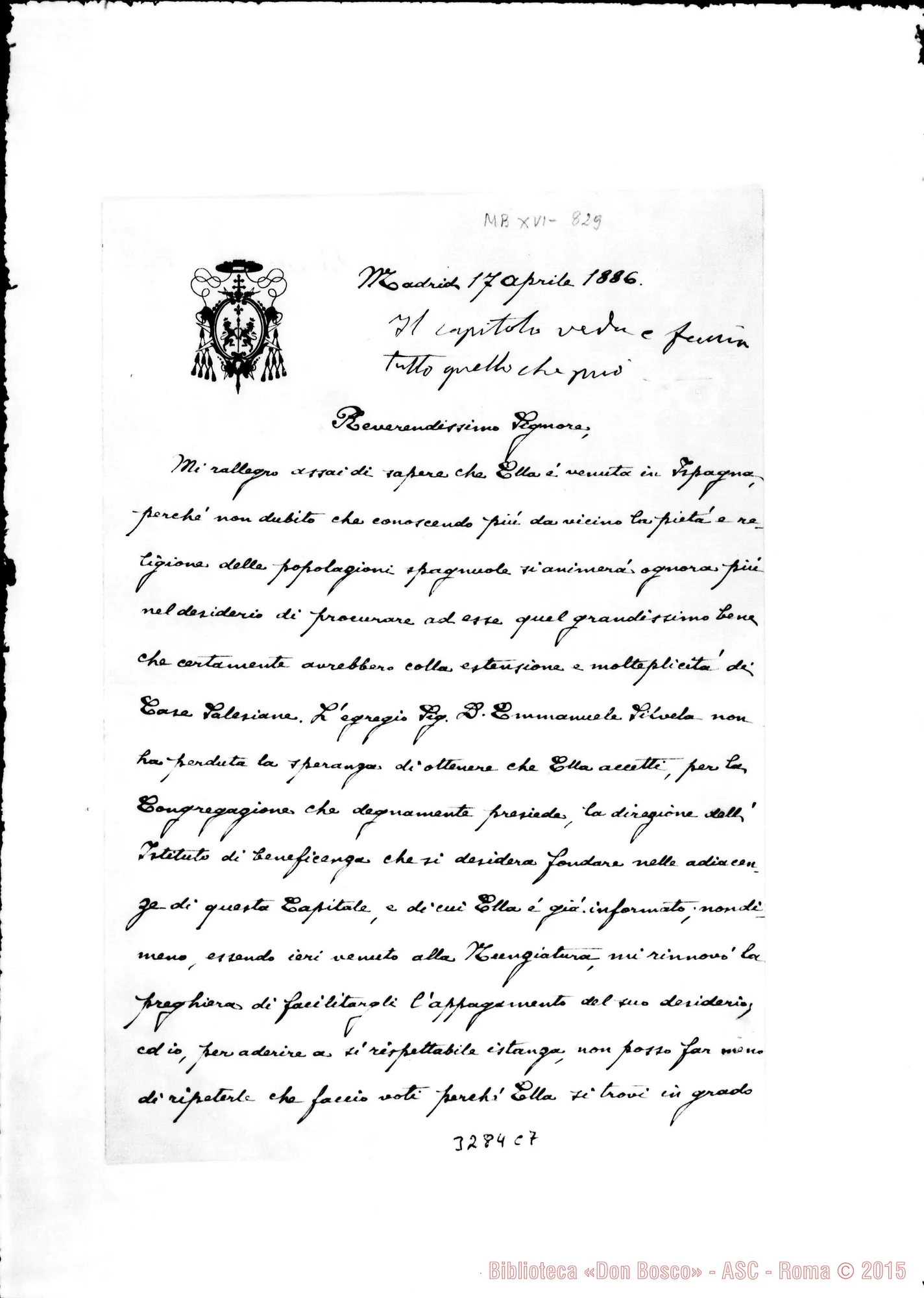 Fotogramma C 7 — Arciv. Mariano Rampolla-Rev.mo Sig. Madrid, 17-04-1886 Autogr. Bosco