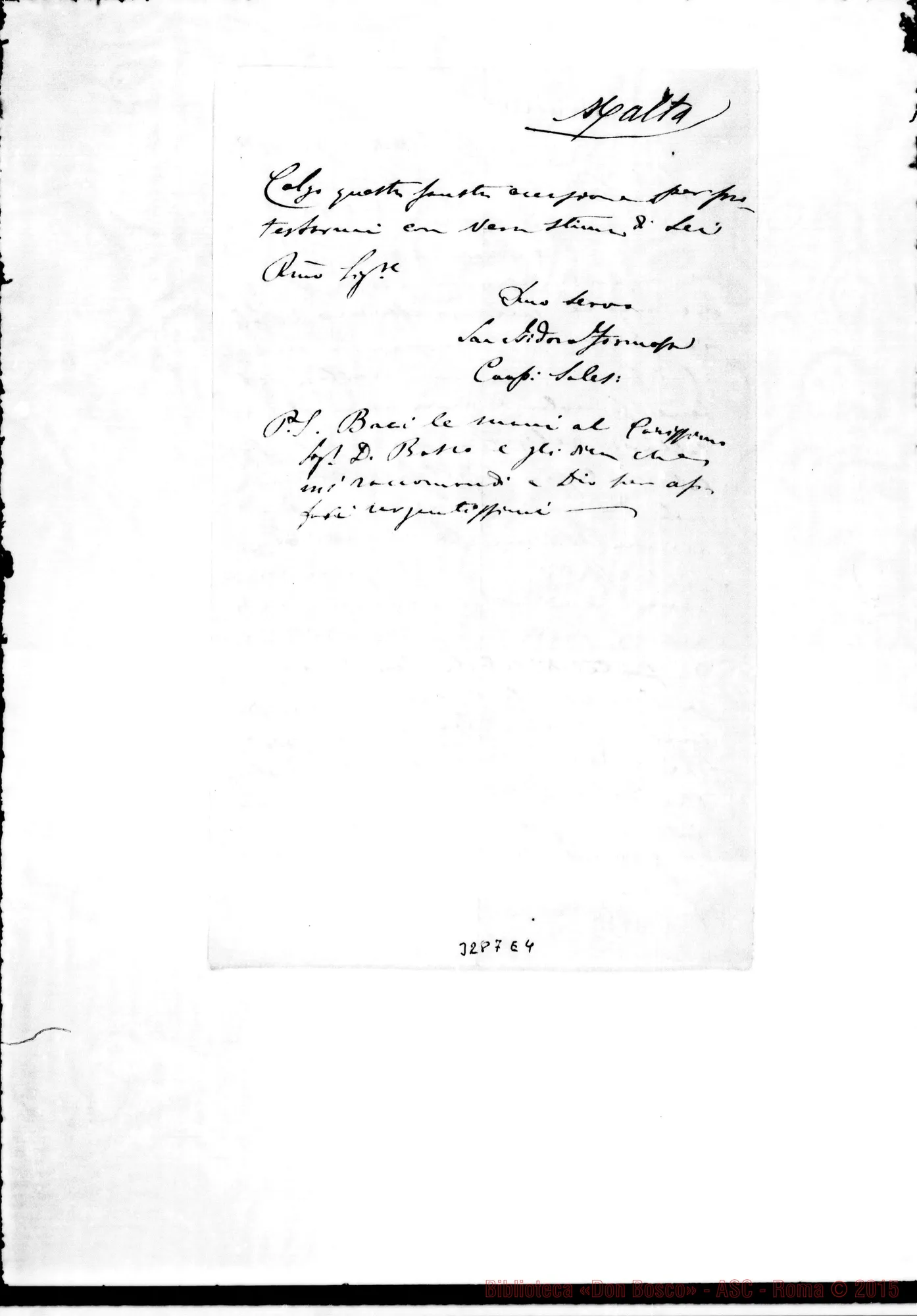 Fotogramma E 4 — Malta: Don Isidoro Formosa, coop.-R.mo Sig. Malta, 1-01-1883 Autogr. Rua