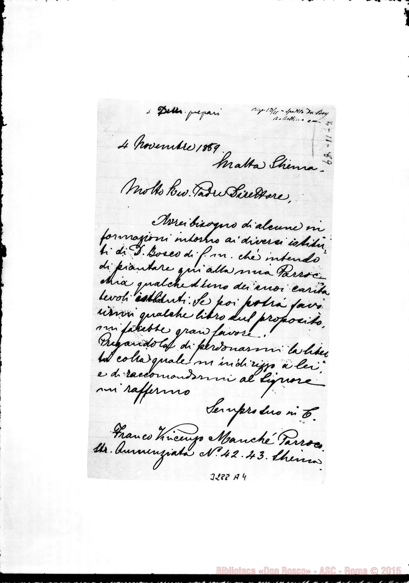 Fotogramma A 4 — Don Franco Vincenzo Maché, parr.-Rev.do Sig., il 4-11-1889 Autogr. Rua
