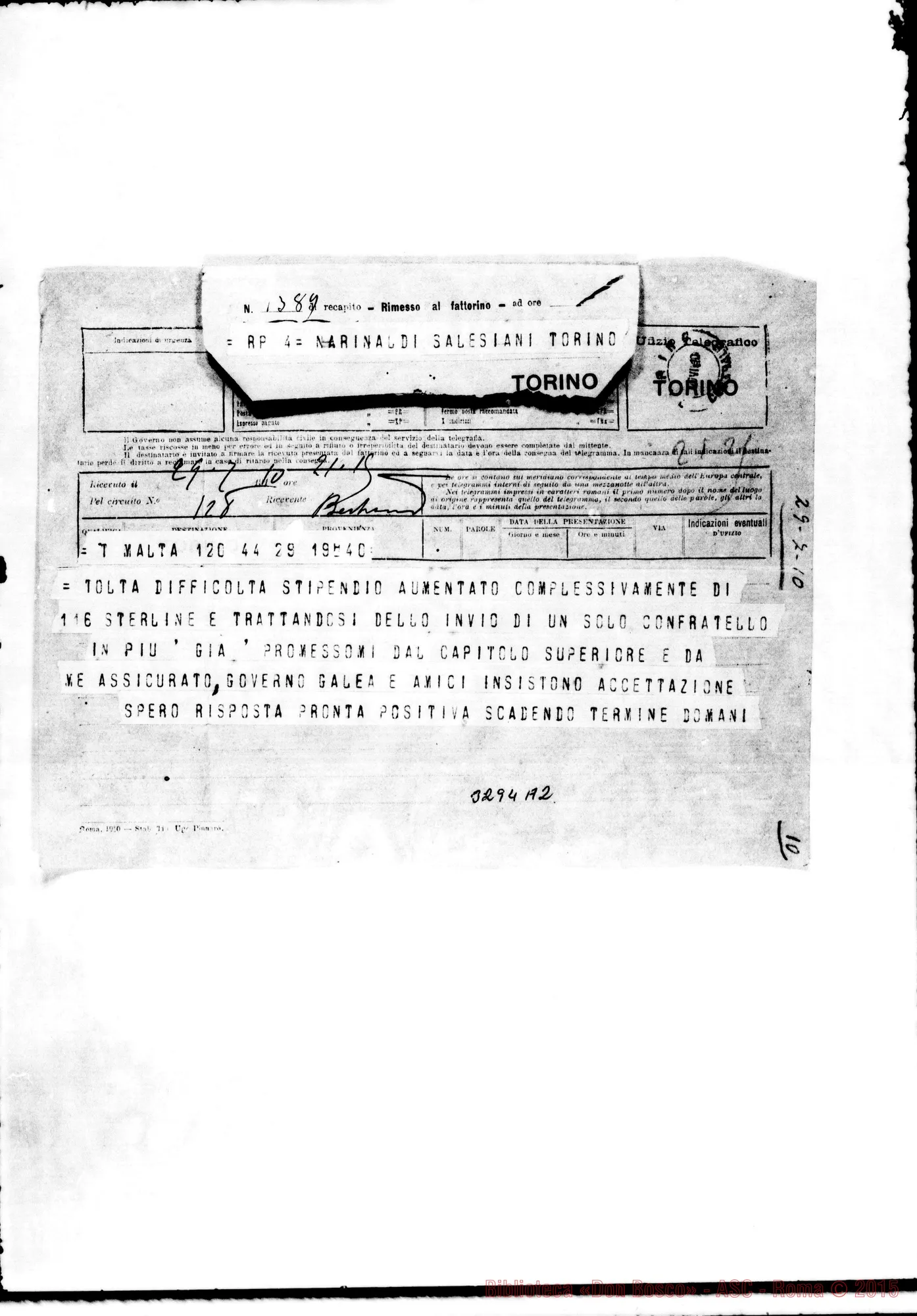 Fotogramma A 2 — Don O’Grady-Don Rinaldi. Malta, 29-07-1910 Telegramma