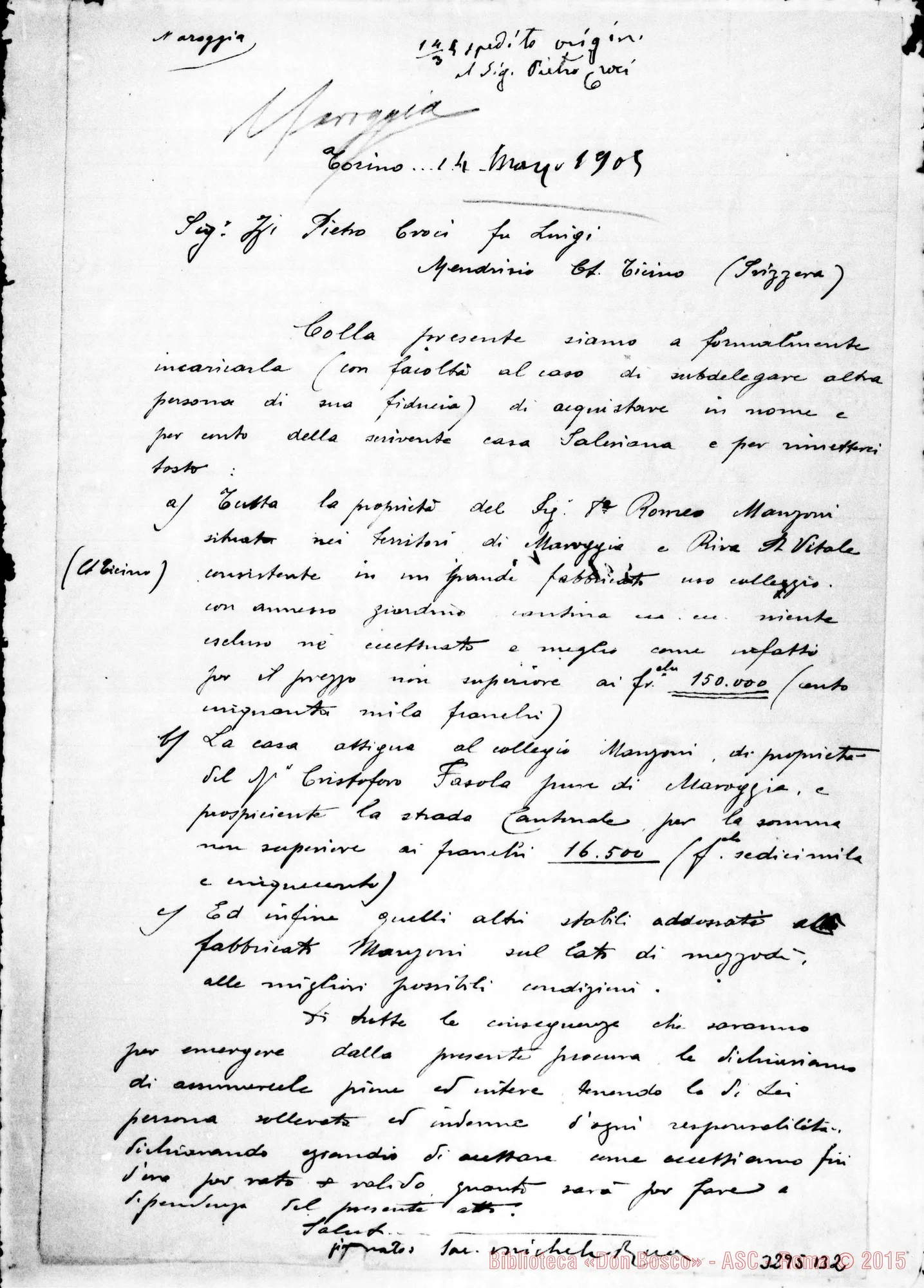 Fotogramma B 2 — Don Rua-Pietro Croci. Torino, 14-03-1905 Firma E postilla autogr. Rua