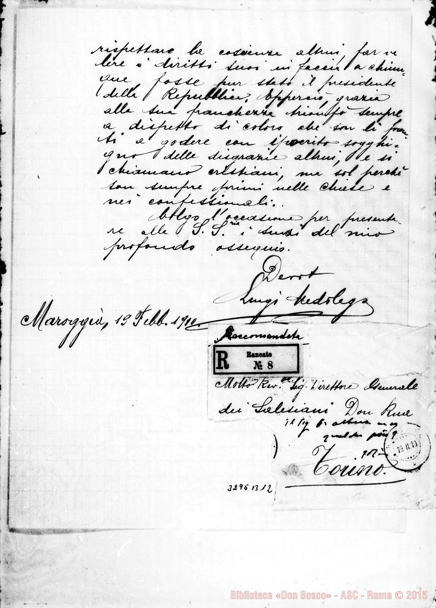 Fotogramma B 12 — Luigi Medolago-Don Rua. Maroggia, 19-02-1910. Autogr. Rinaldi