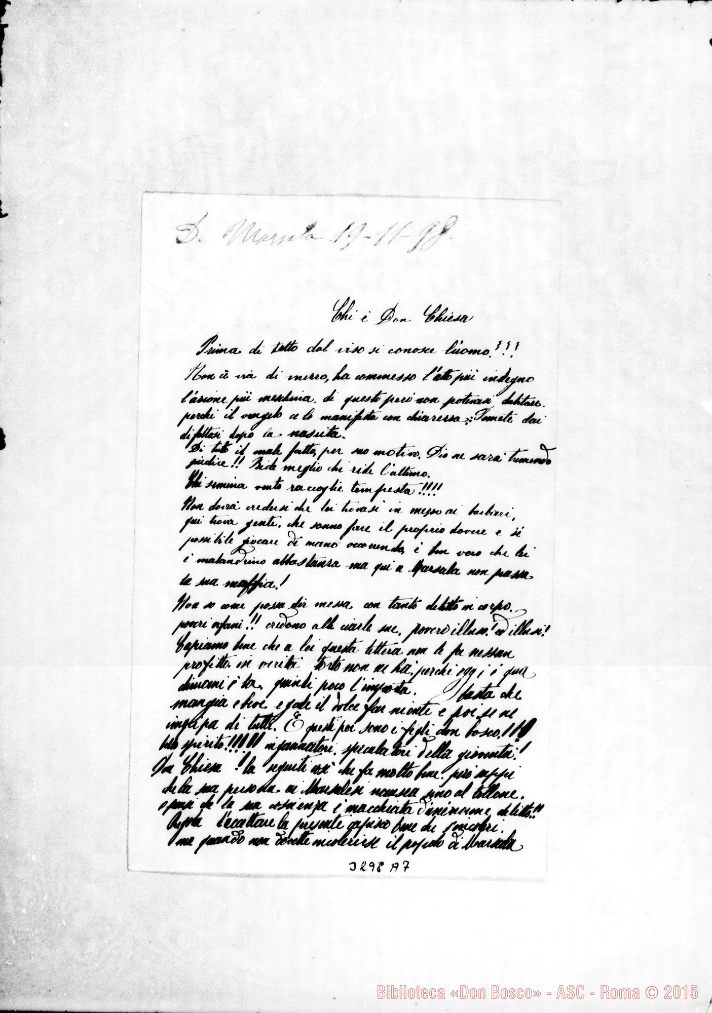 Fotogramma A 7 — Manoscritto su Don Chiesa. Marsala, 19-11-1898