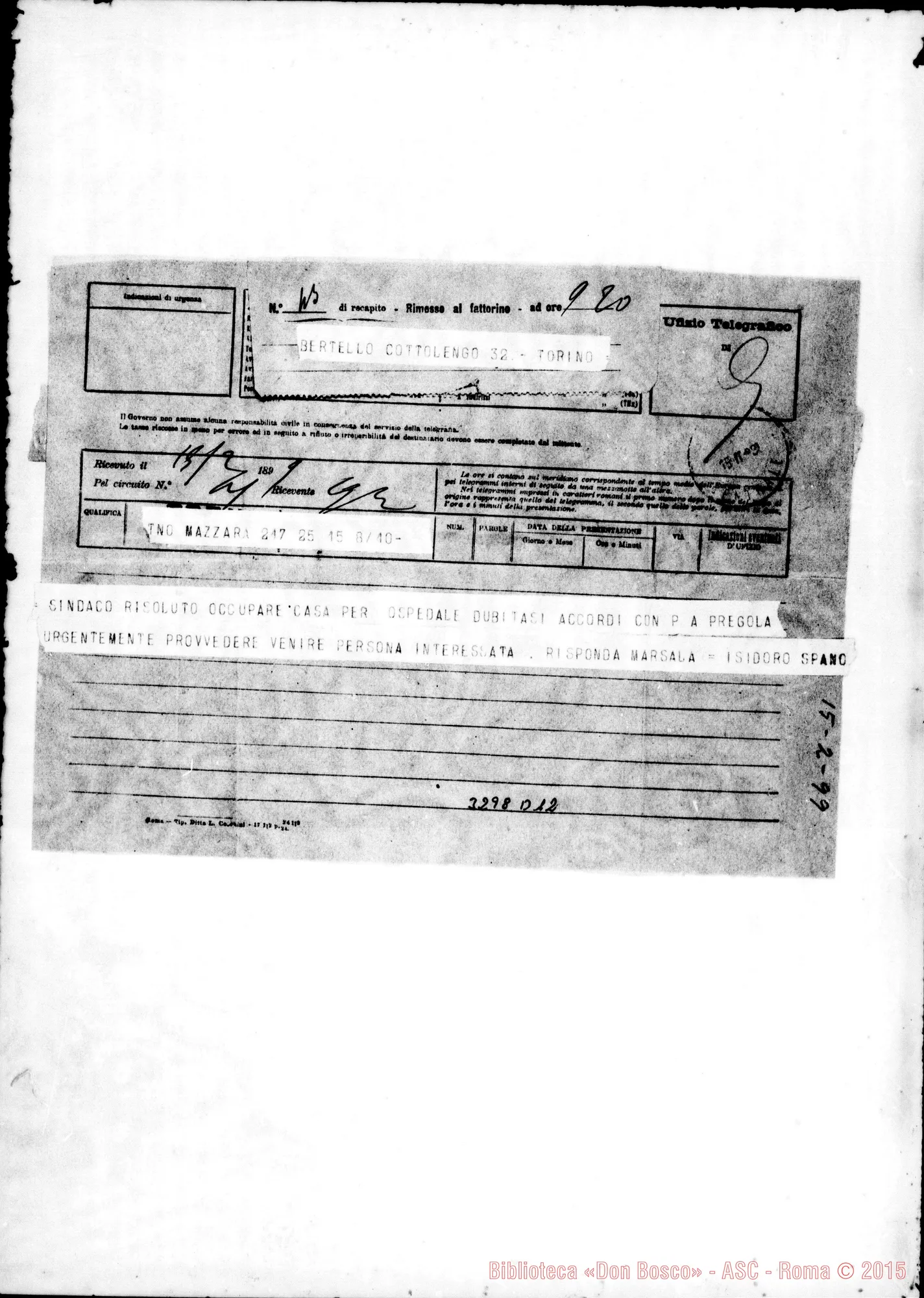 Fotogramma D 12 — Isidoro Spanò-Don Bertello. Marsala, 15-02-1899 Telegramma
