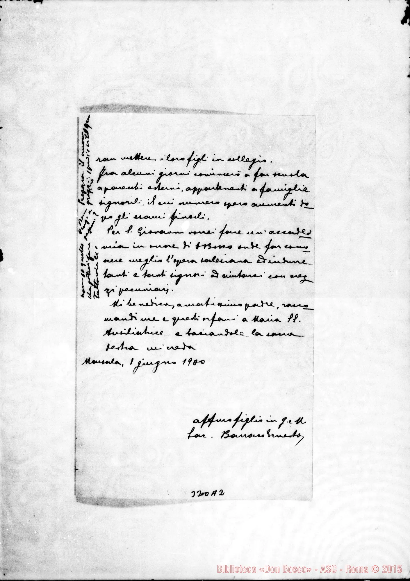 Fotogramma A 2 — Don Ernesto B.-Don Rua. Marsala, 1-06-1900 Autografi Rua