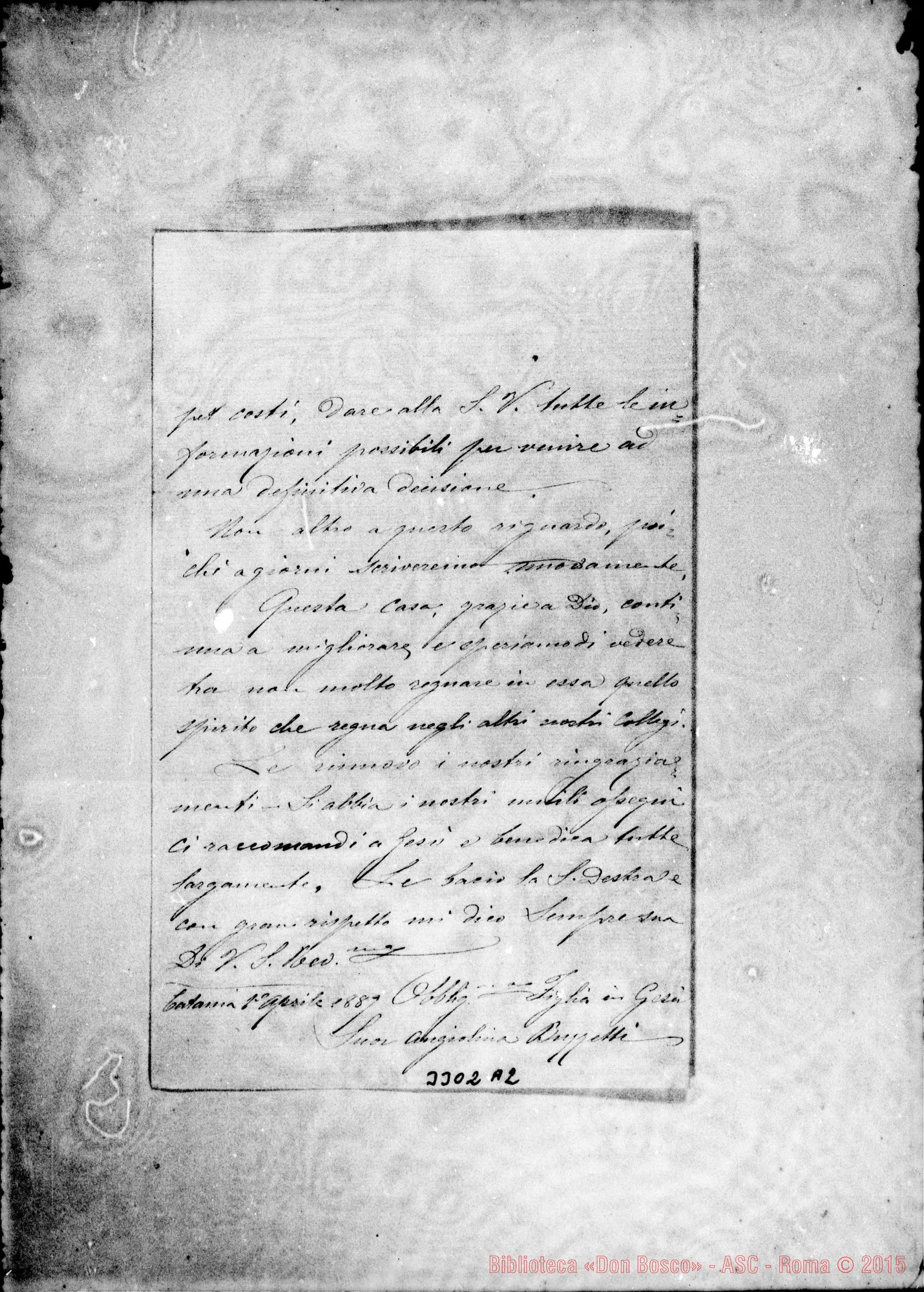 Fotogramma A 2 — Suor Angiolina Buzzetti-Don Rua. Catania, 1-04-1889 Autogr. Rua