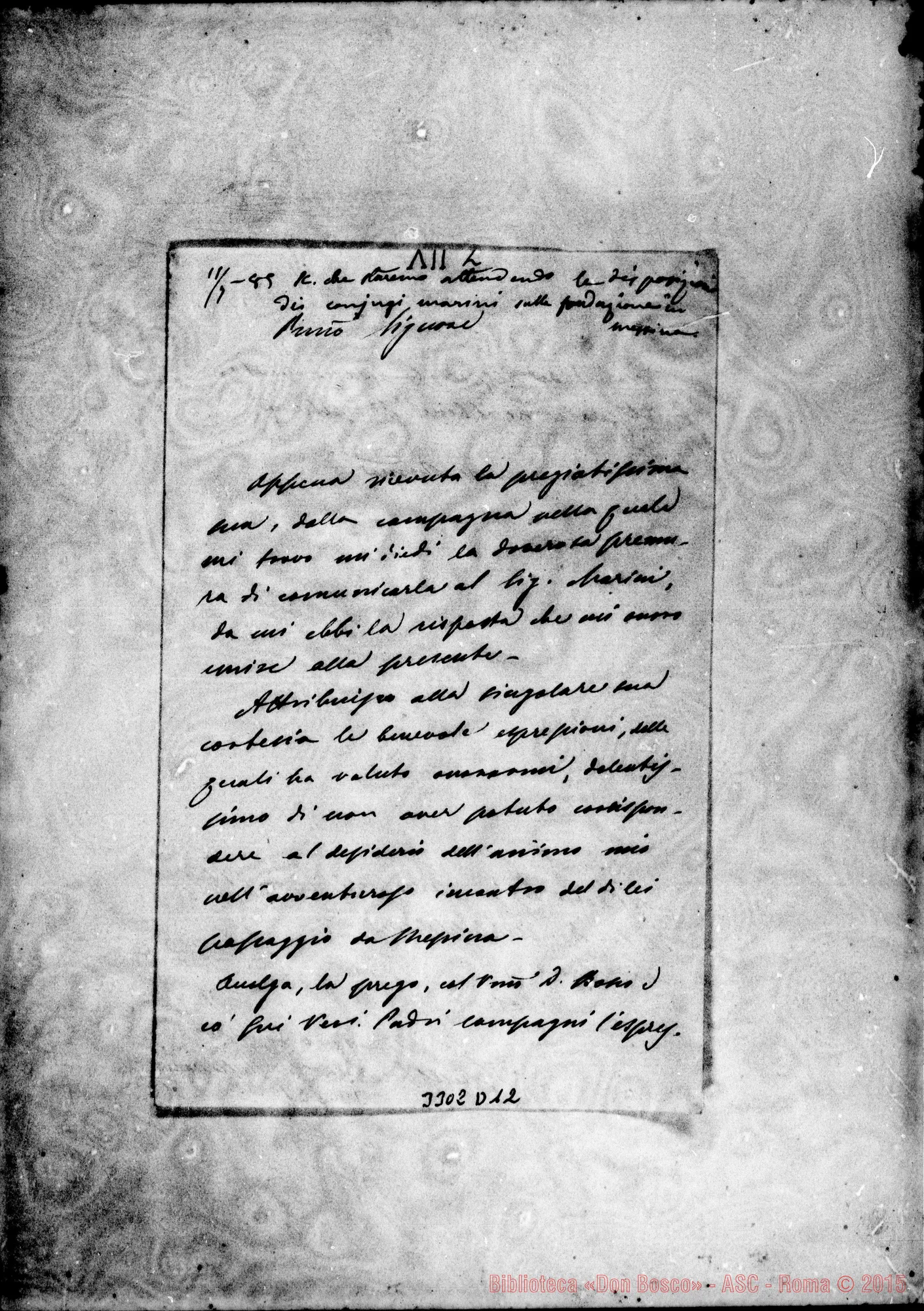 Fotogramma D 12 — Mons. Guarino-Don Rua. Messina, 7-07-1885 Autogr. Rua