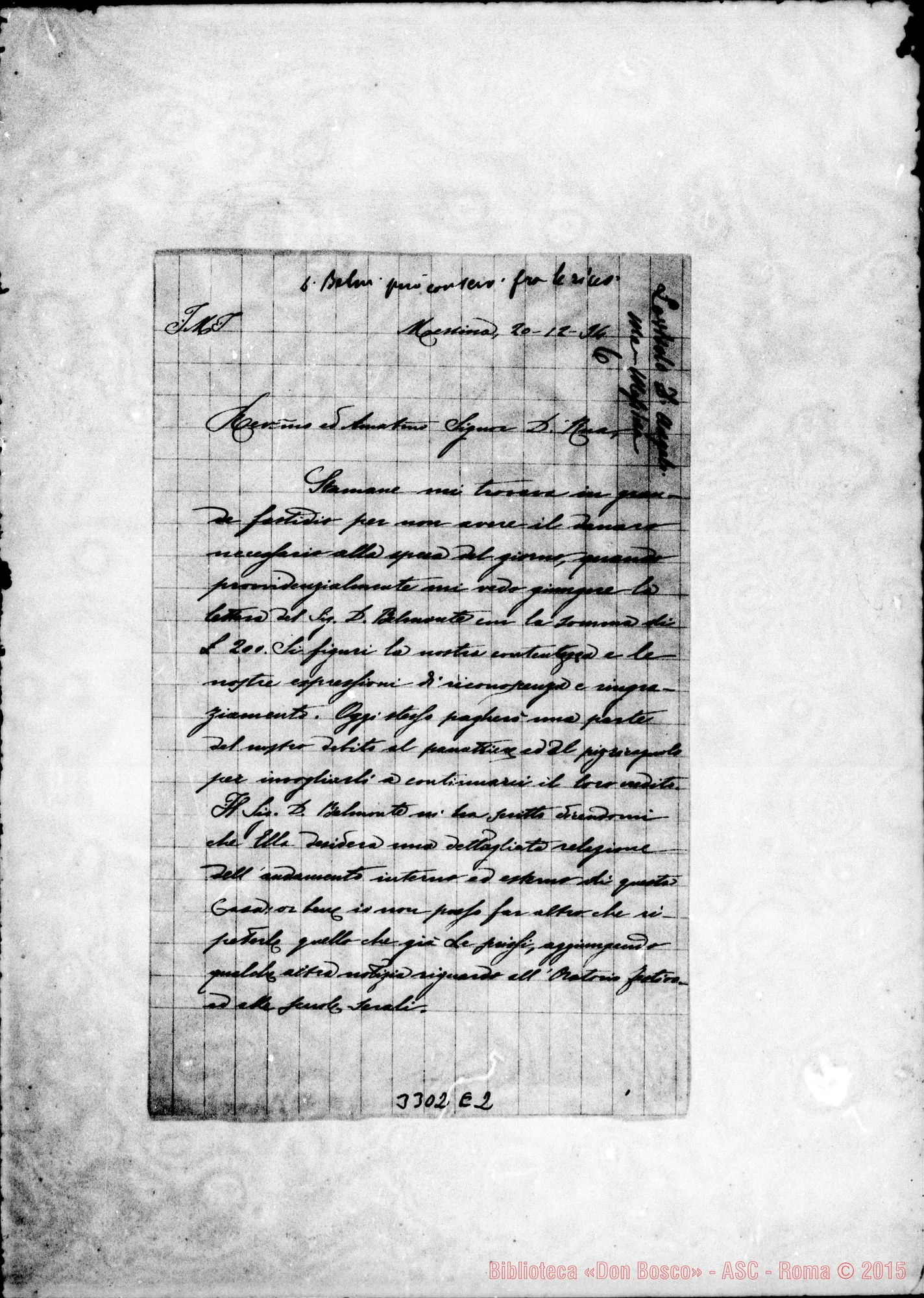 Fotogramma E 2 — Don Angelo Lovisolo-Don Rua. Messina, 20-12-1894 Autogr. Rua
