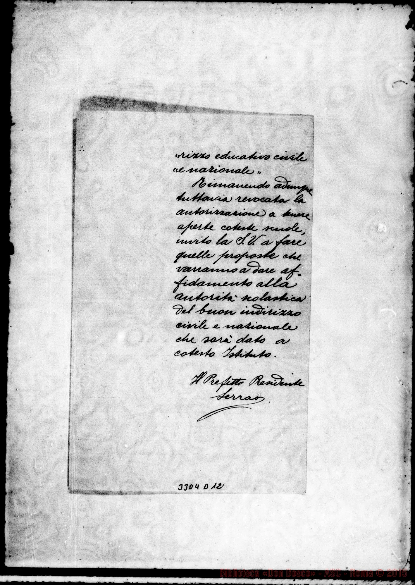 Fotogramma D 12 — Serrao, Presidente Prefetto-Direttore Salesiani. Messina, 17-10-1901