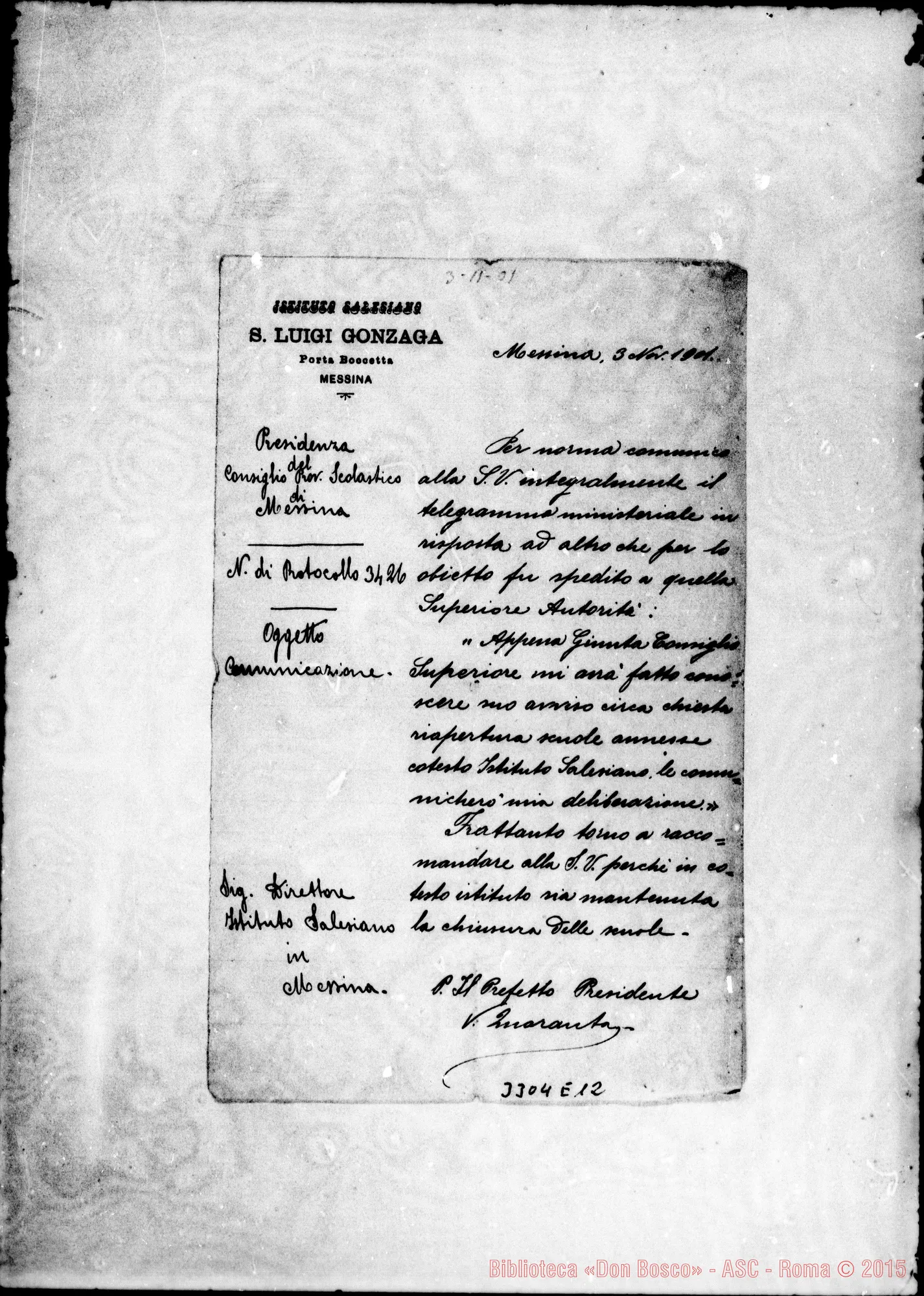 Fotogramma E 12 — Quaranta, per il Prefetto-Direttore Salesiano. Messina, 3-11-1901 Copia