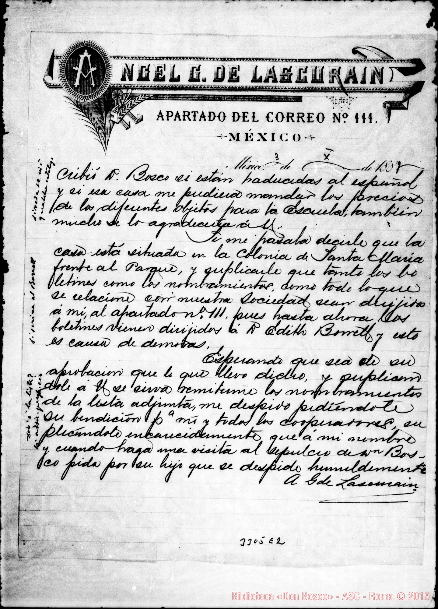 Fotogramma E 2 — Angel G. de Lascurain-Don Rua. México, 3-10-1889 Autografi Rua