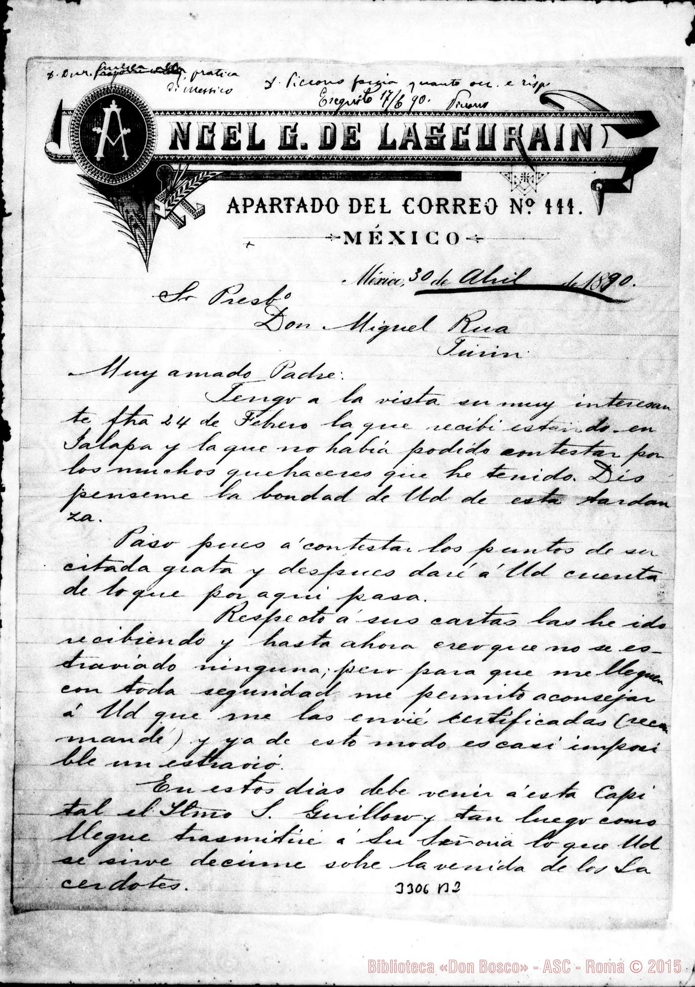 Fotogramma B 2 — Angel G. de Lascurain-Don Rua. México, 30-04-1890 Autogr. Rua