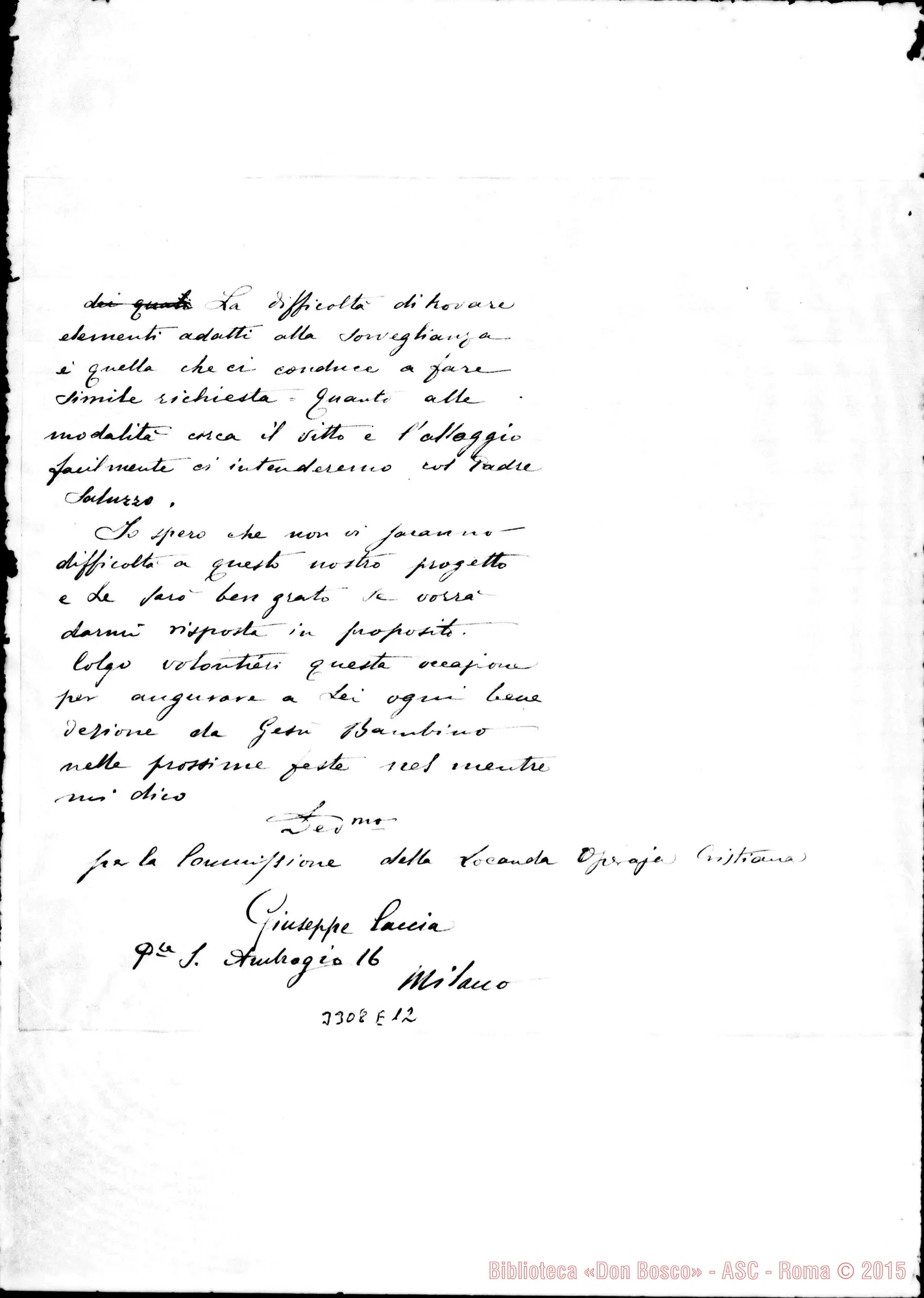 Fotogramma E 12 — Giuseppe Caccia-Don Rua. Milano, 22-12-1895 Autogr. Rua