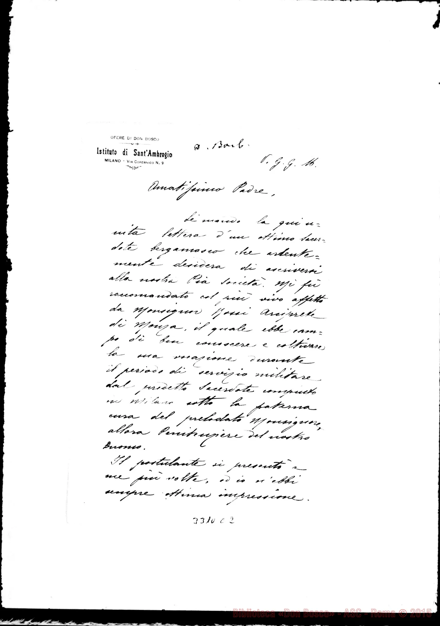 Fotogramma C 2 — Don Lorenzo Saluzzo-Amatissimo Padre. Milano, 16-02-1901 Autogr. Rua