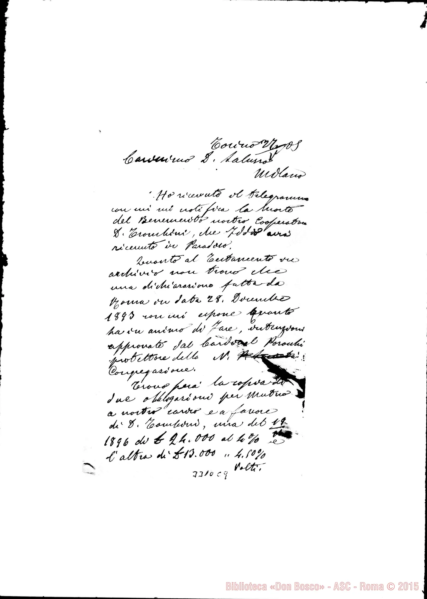Fotogramma C 9 — Don Saluzzo-Don Rinaldi. Milano, 27-05-1905 Telegramma. All. minuta di risposta: Torino, 27-05-1905