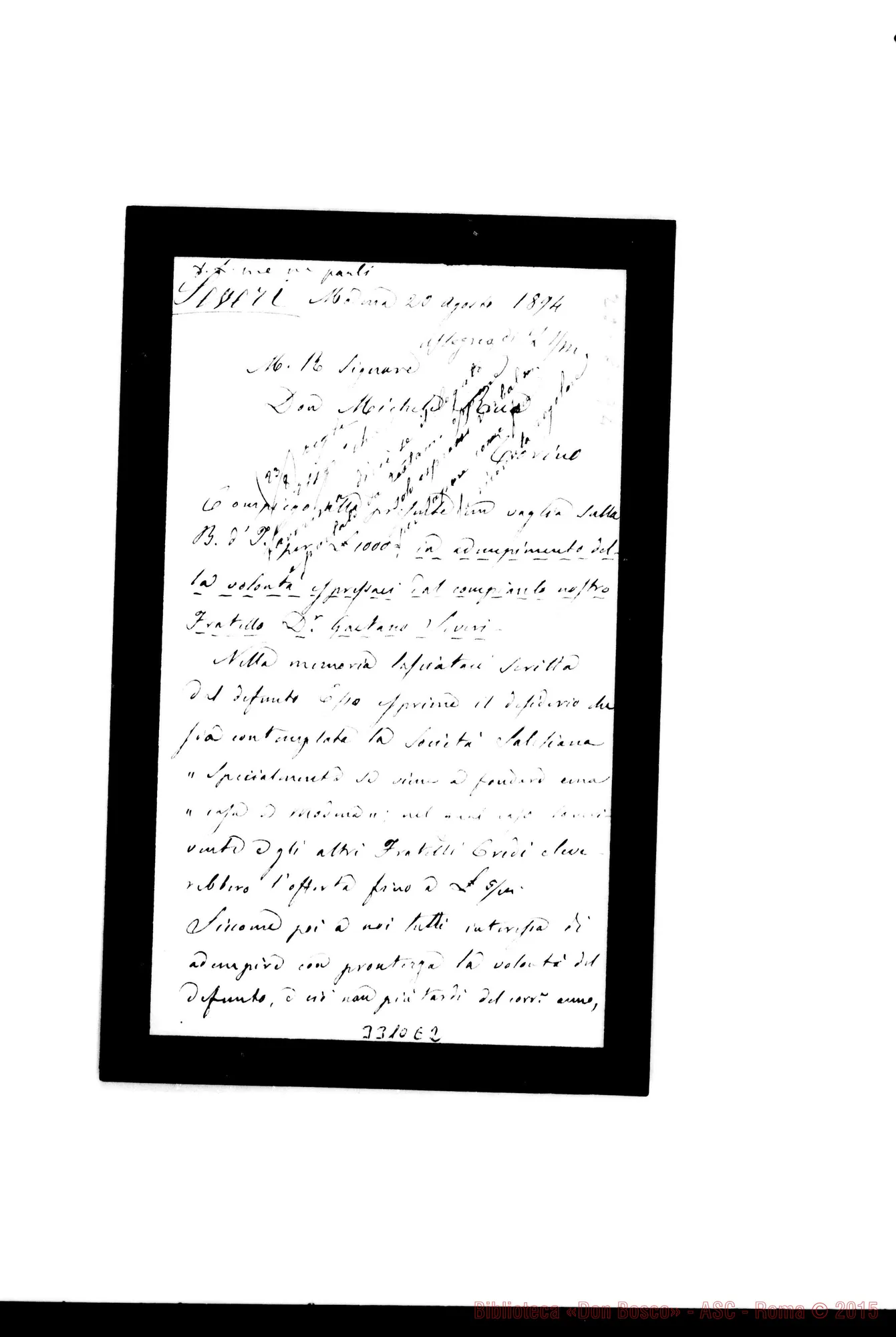 Fotogramma E 2 — Ingegn. Severi Severo-Don Rua. Modena, 20-08-1894 Autogr. Rua